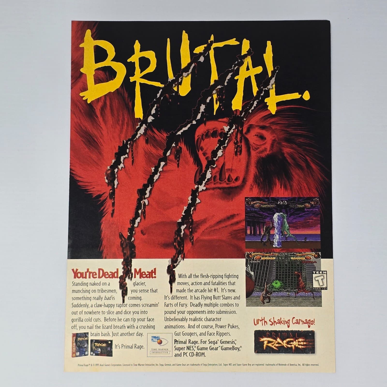 Primal Rage Sega Genesis Super Nintendo SNES Brutal Print Ad/Poster Promo Art