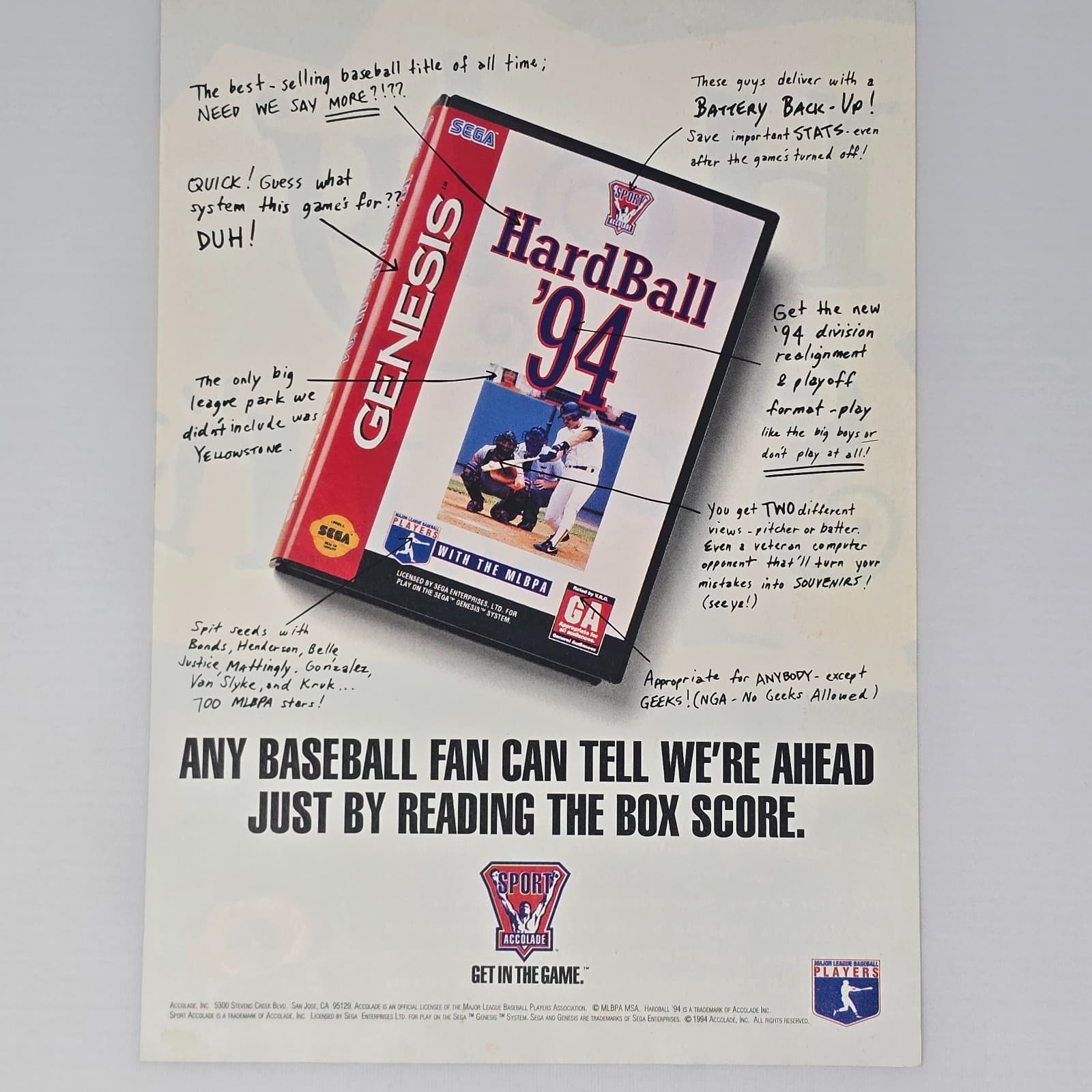 Hardball 94 Sega Genesis The Box Score Print Ad/Poster