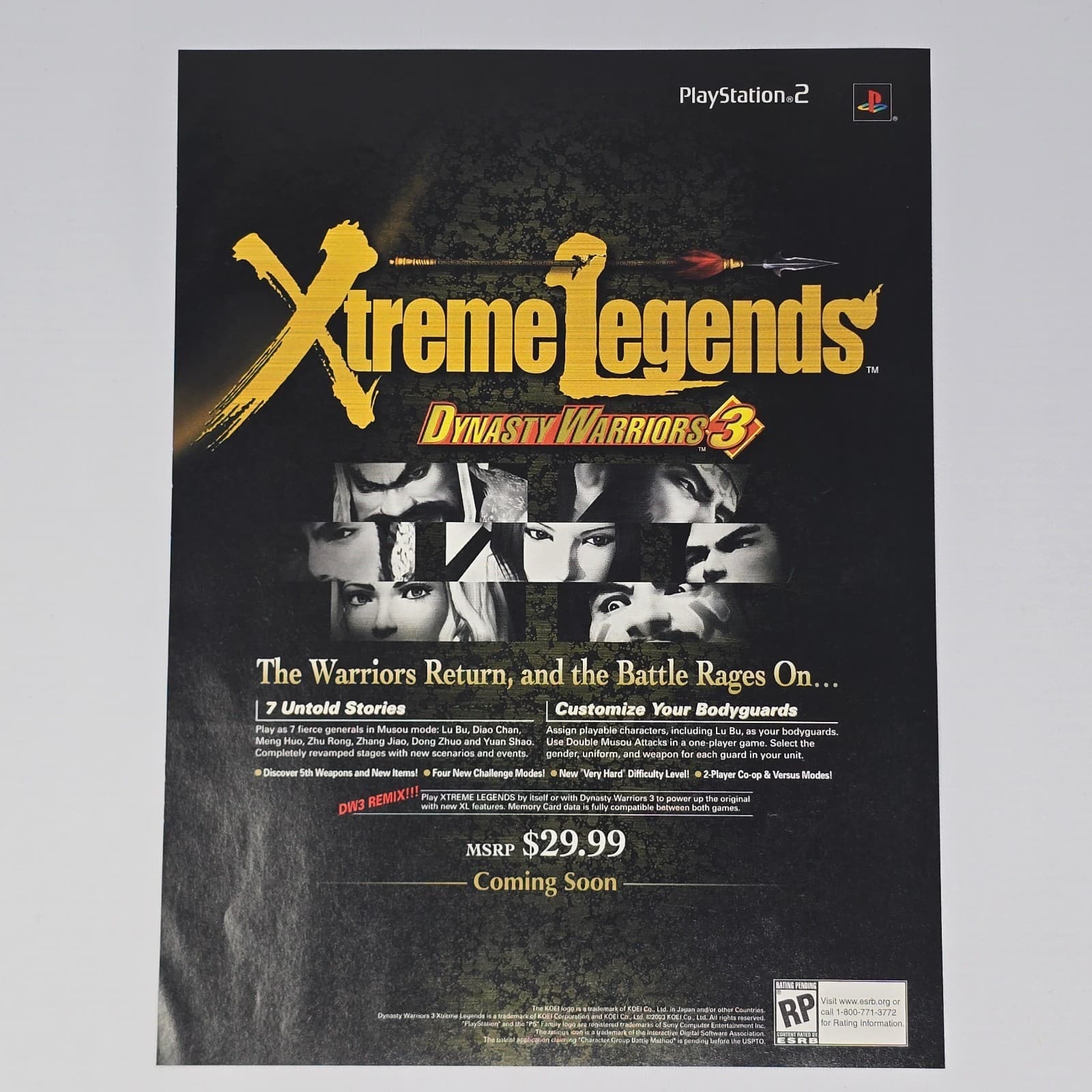 Dynasty Warriors 3 Extreme Legends PlayStation 2 PS2 Rages Print Ad/Poster