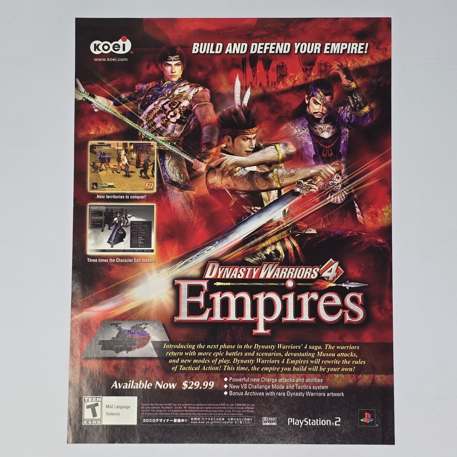 Dynasty Warriors 4 Empires PlayStation 2 PS2 Defend Print Ad/Poster