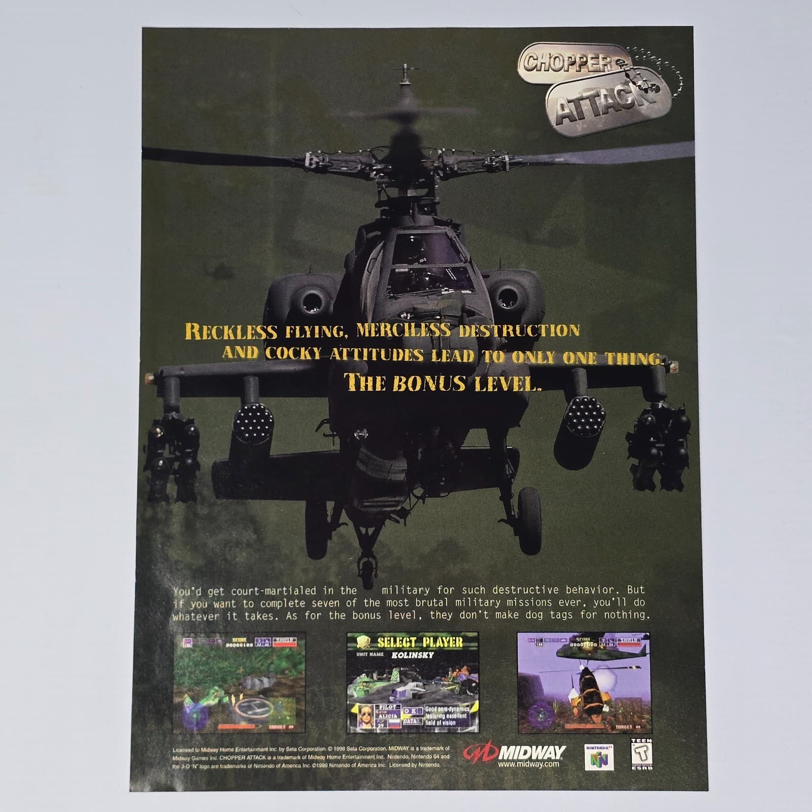 Chopper Attack Nintendo 64 N64 Reckless Flying Print Ad/Poster