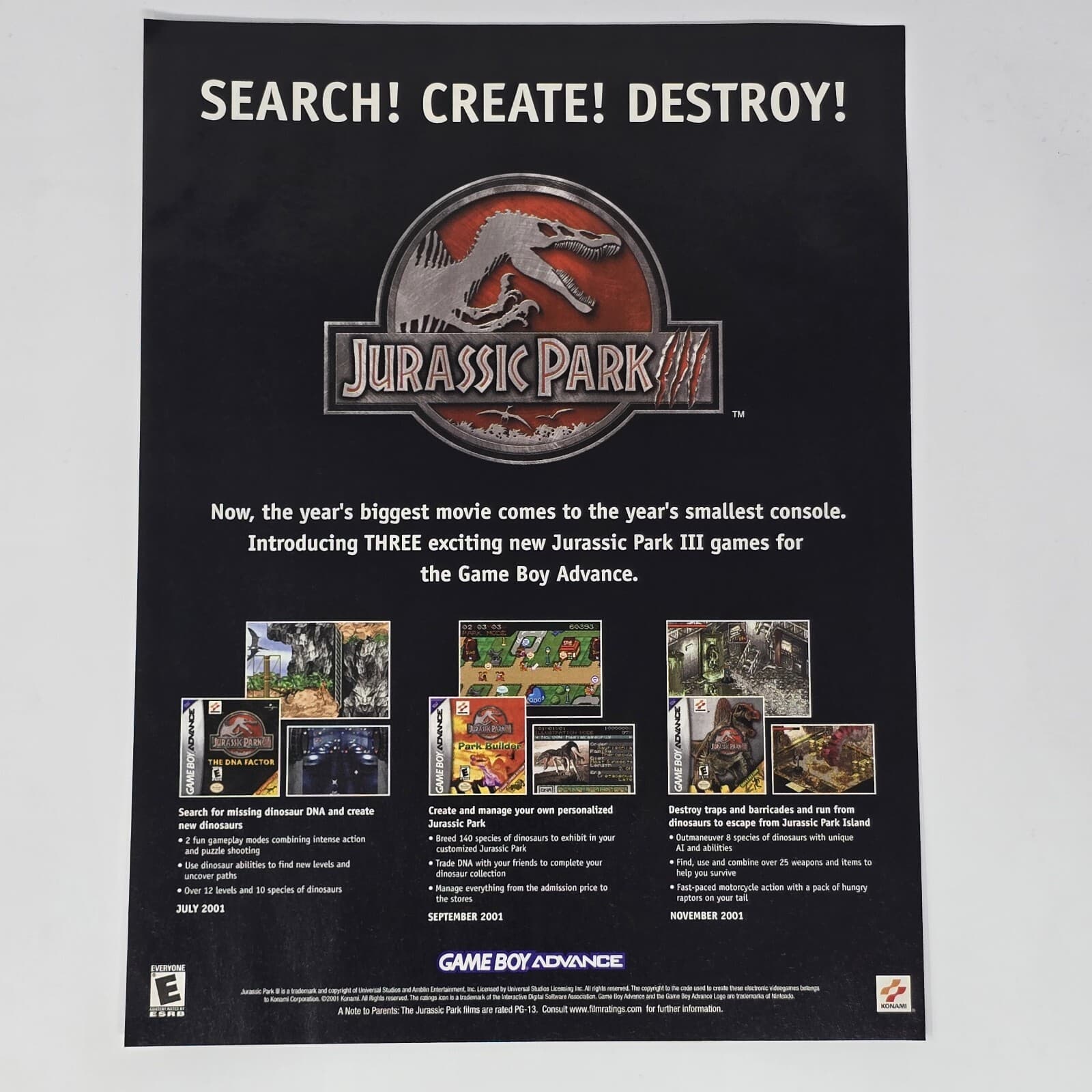 Jurassic Park III GameBoy Advance Destroy Print Ad/Poster Official Promo Art