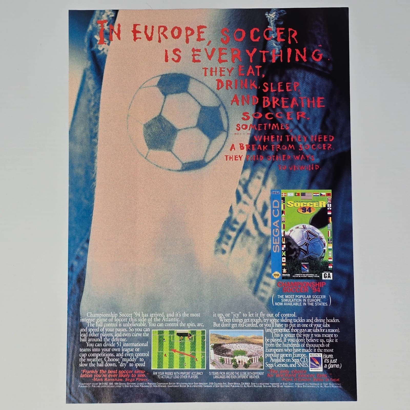Championship Soccer 94 Sega CD In Europe Print Ad/Poster
