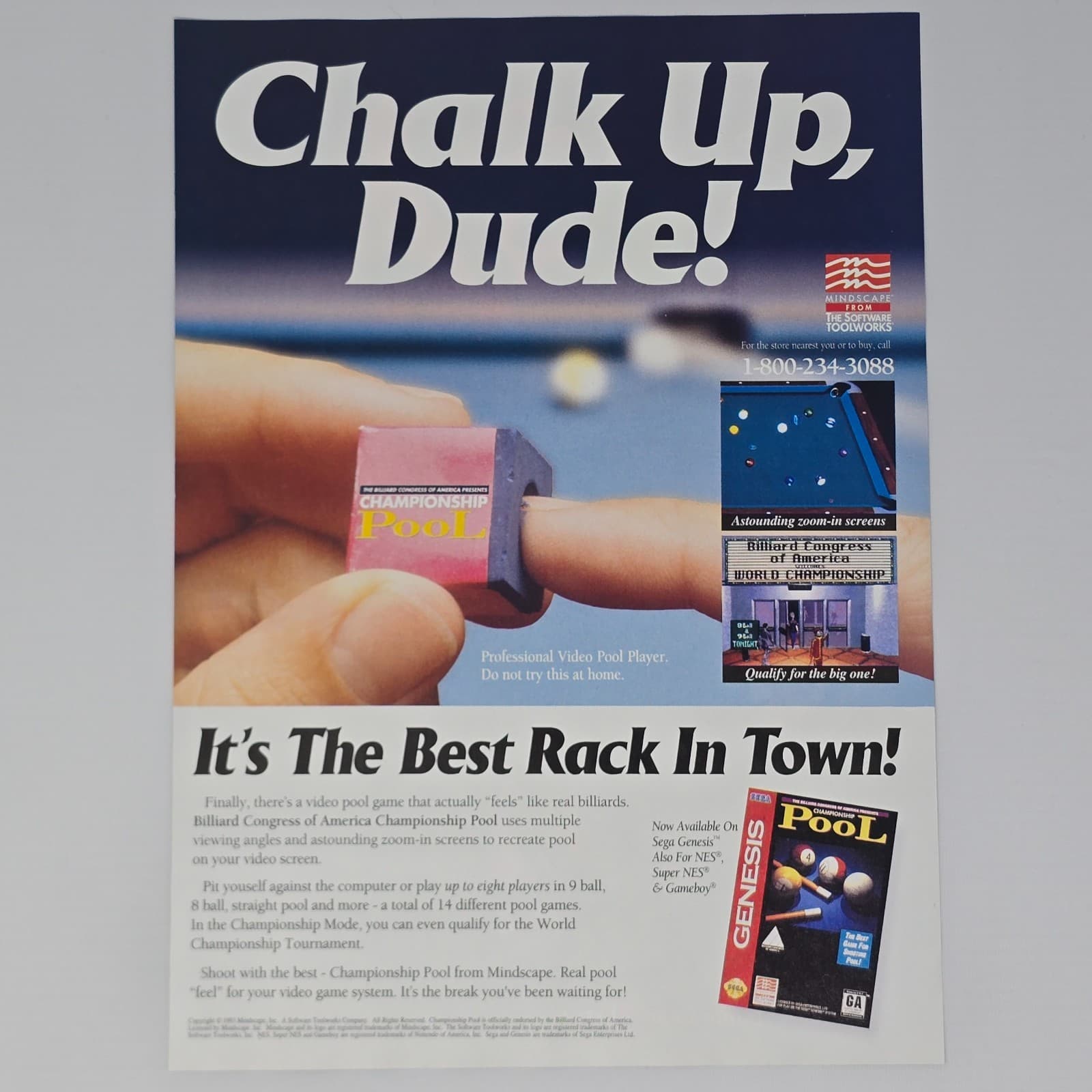 Championship Pool Sega Genesis Chalk Up Dude Print Ad/Poster