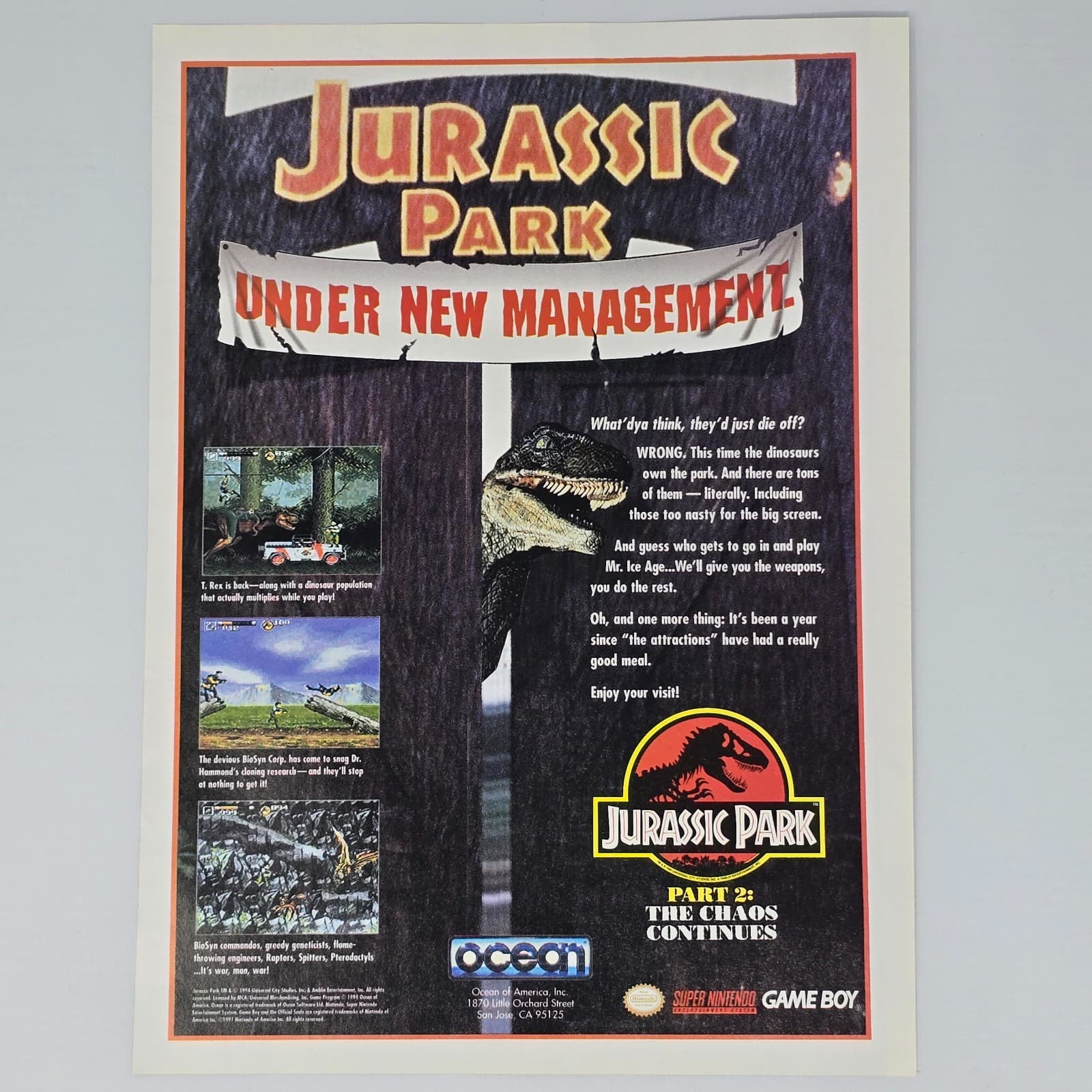 Jurassic Park Under New Management Super Nintendo SNES Chaos Print Ad/Poster