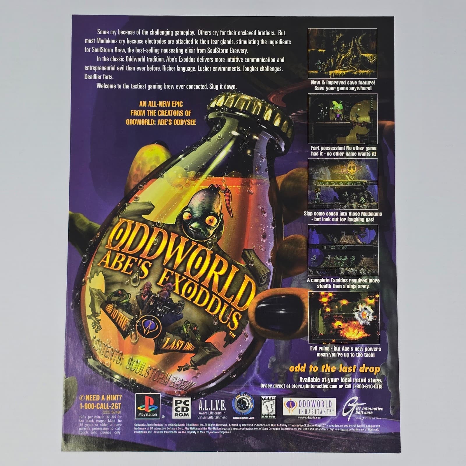Oddworld Abe's Exoddus Sony PlayStation 1 PS1 Last Drop Print Ad/Poster