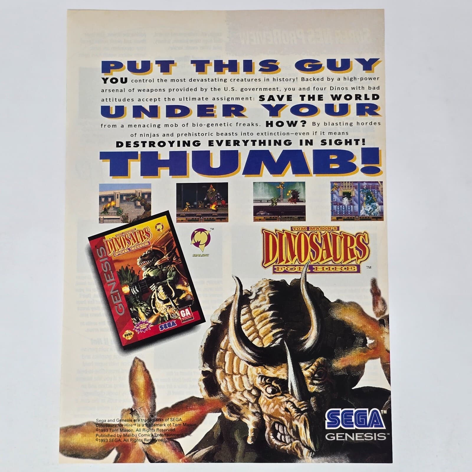 Dinosaurs for Hire Sega Genesis Under Your Thumb Print Ad/Poster Art