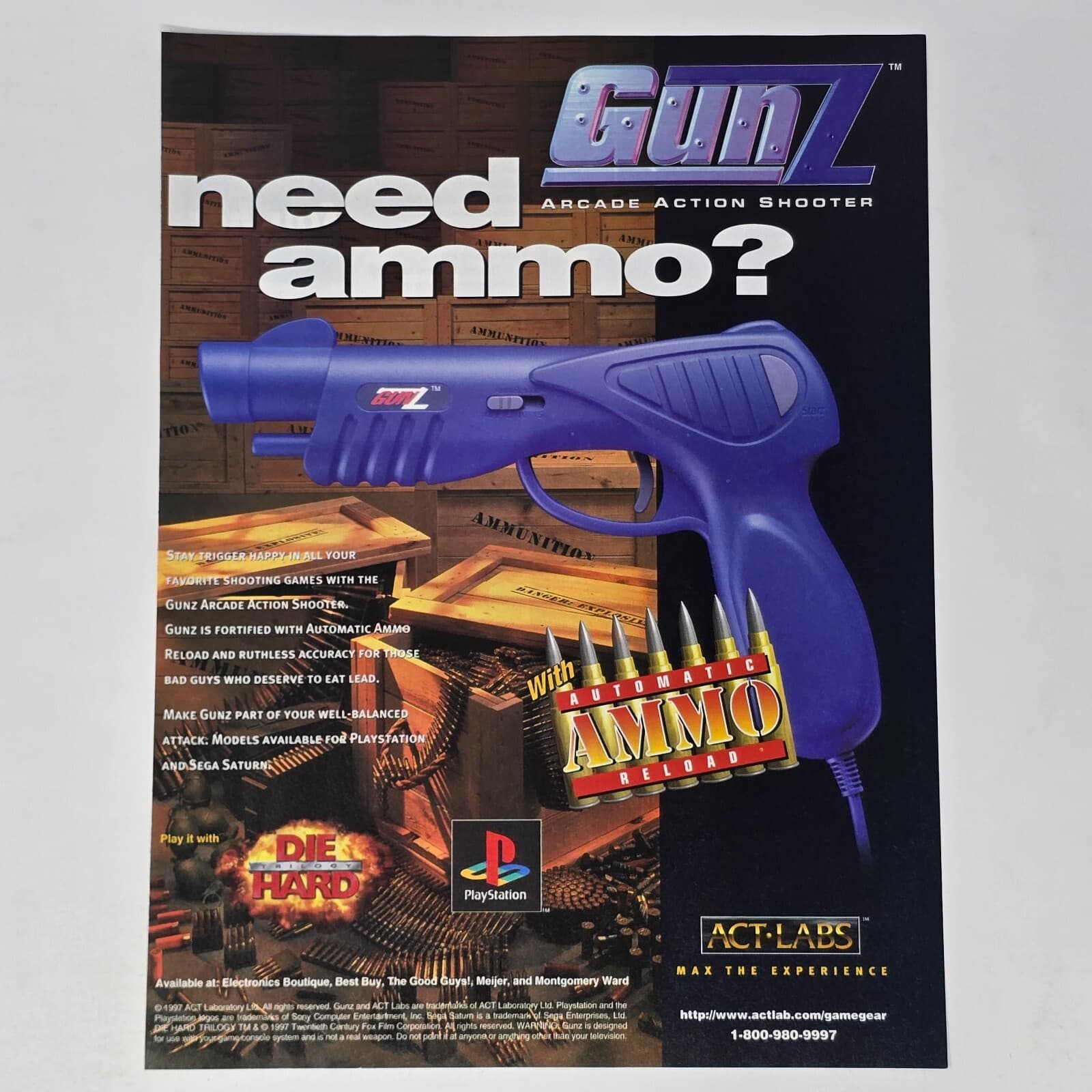 Die Hard Trilogy PlayStation 1 PS1 GunZ Gun Z Need Ammo Print Ad/Poster Art