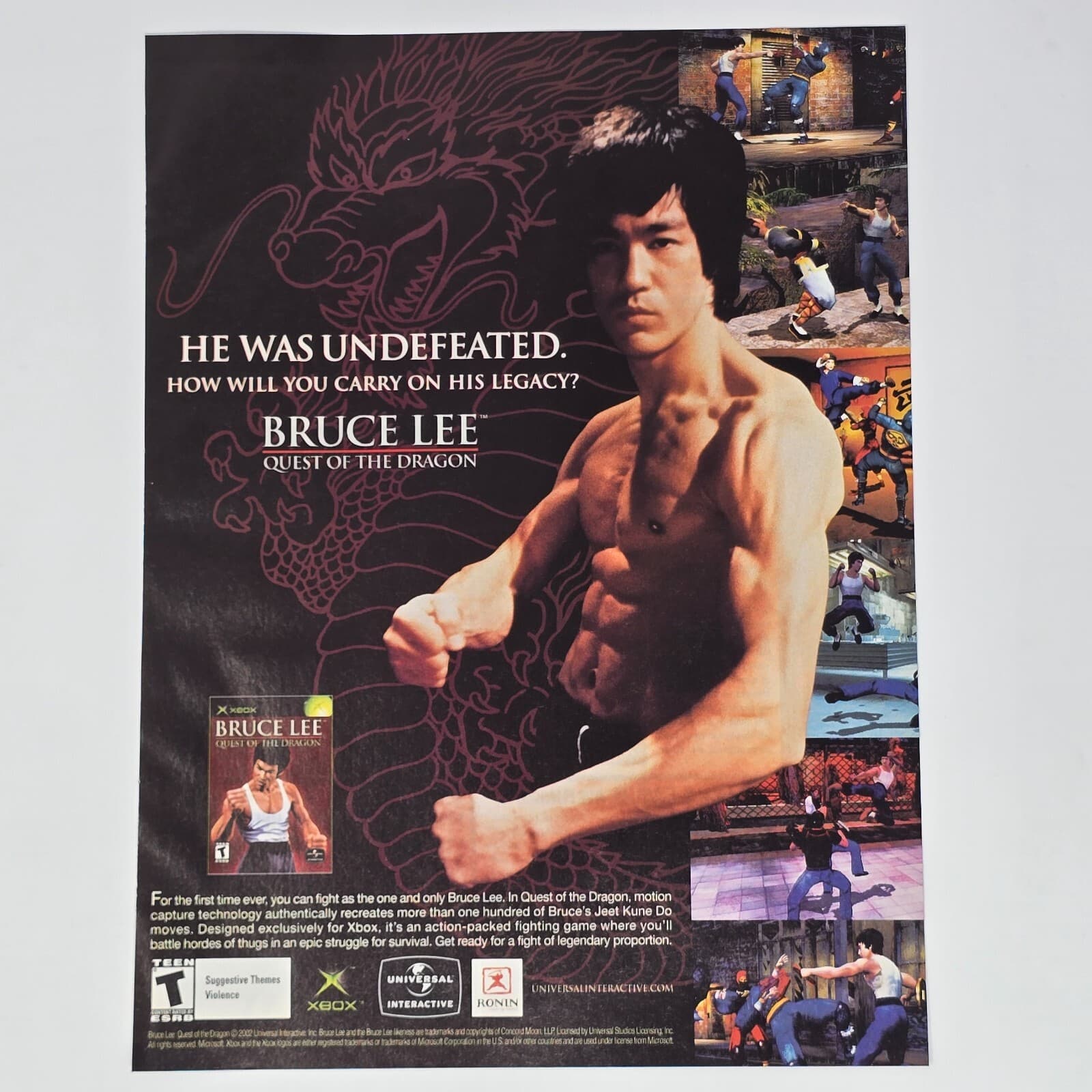 Bruce Lee Quest of the Dragon Xbox Undefeated Print Ad/Poster Official Promo Art