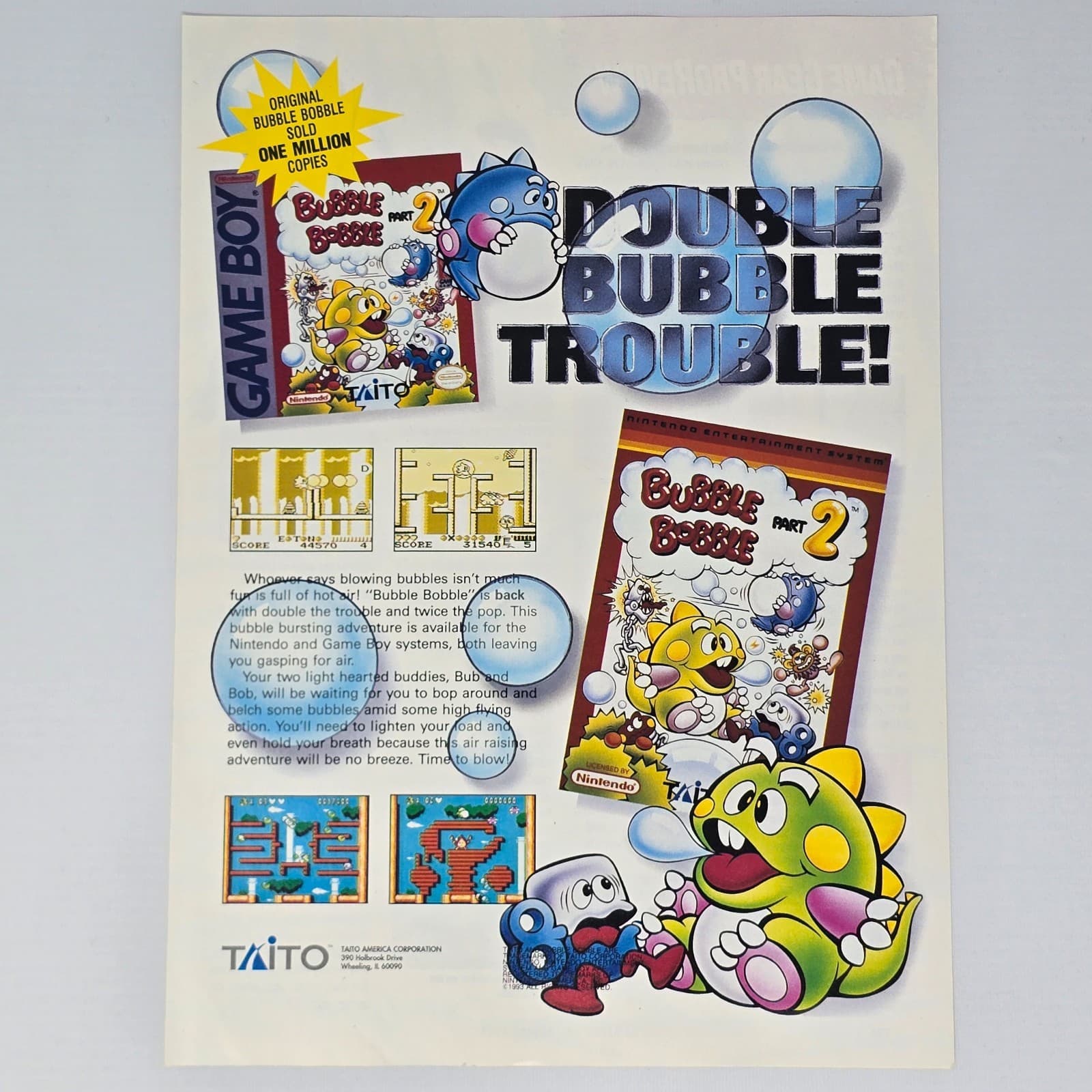 Bubble Bobble Part 2 Nintendo NES Game Boy Full Of Hot Air Print Ad/Poster