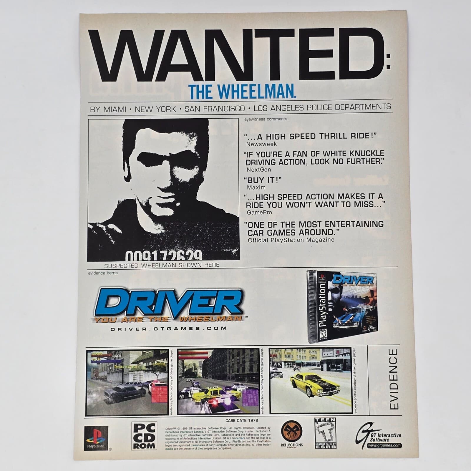 Driver Sony PlayStation 1 PS1 PC Wanted Print Ad/Poster Promo Art