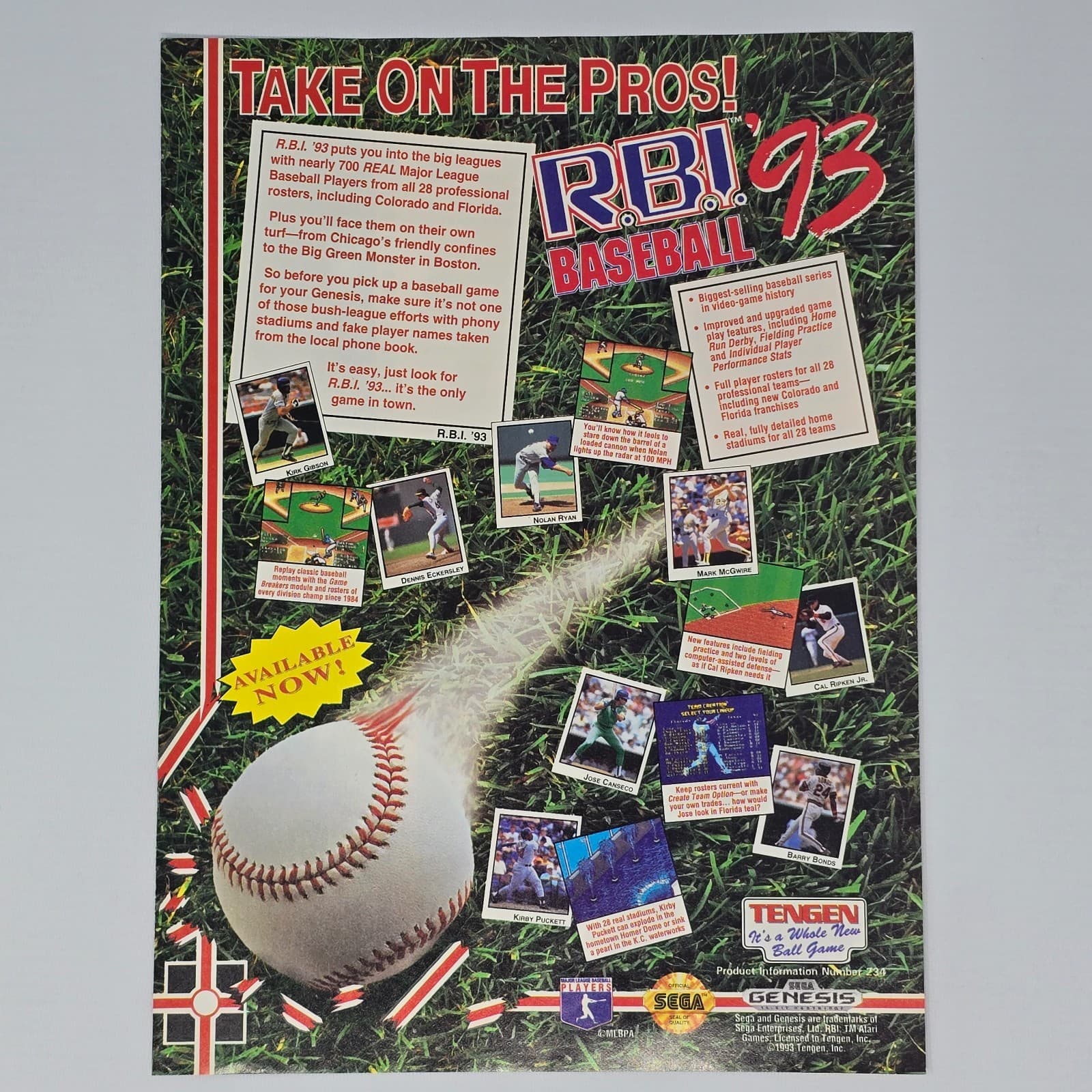RBI Baseball 93 Sega Genesis The Pros! Print Ad/Poster