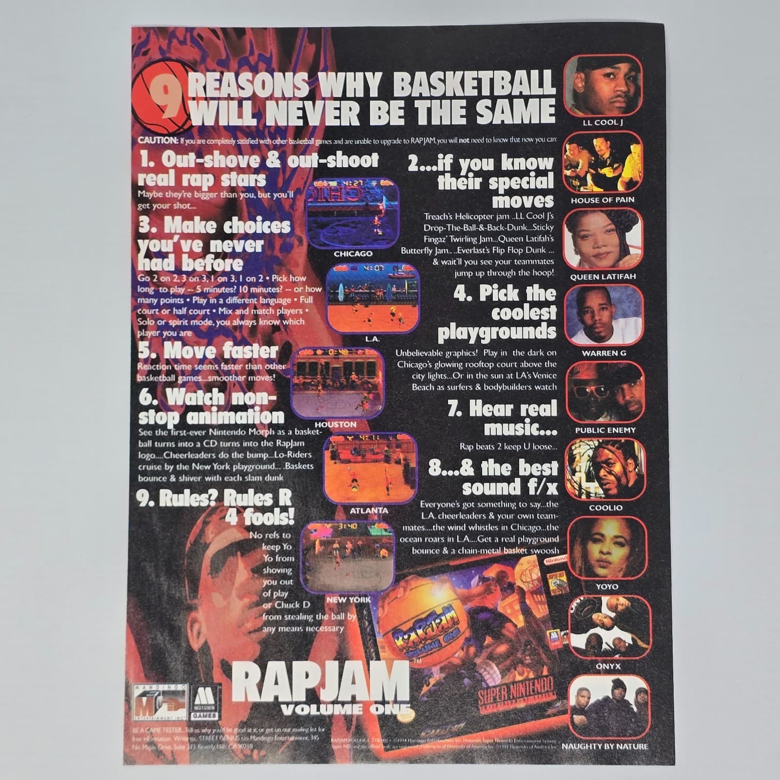 Rap Jam Volume One Super Nintendo SNES 9 Reasons Print Ad/Poster