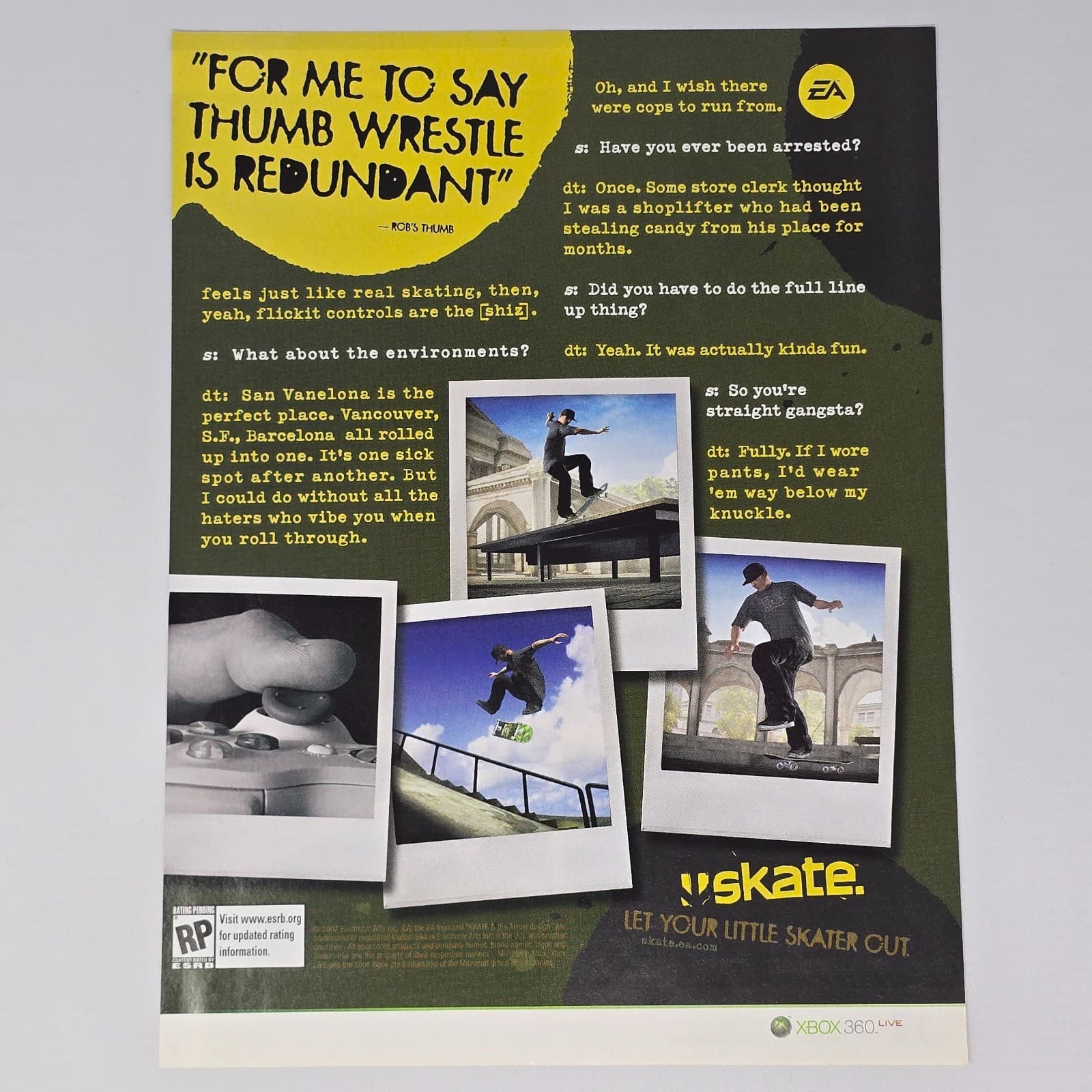 Skate Microsoft Xbox 360 Thumb Wrestle Print Ad/Poster