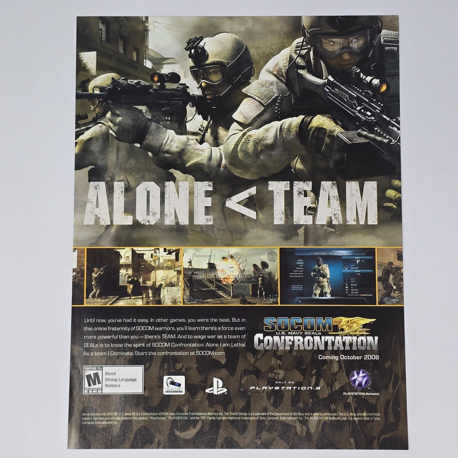 Socom Us Navy Seals Confrontation PlayStation 3 PS3 Alone Print Ad/Poster