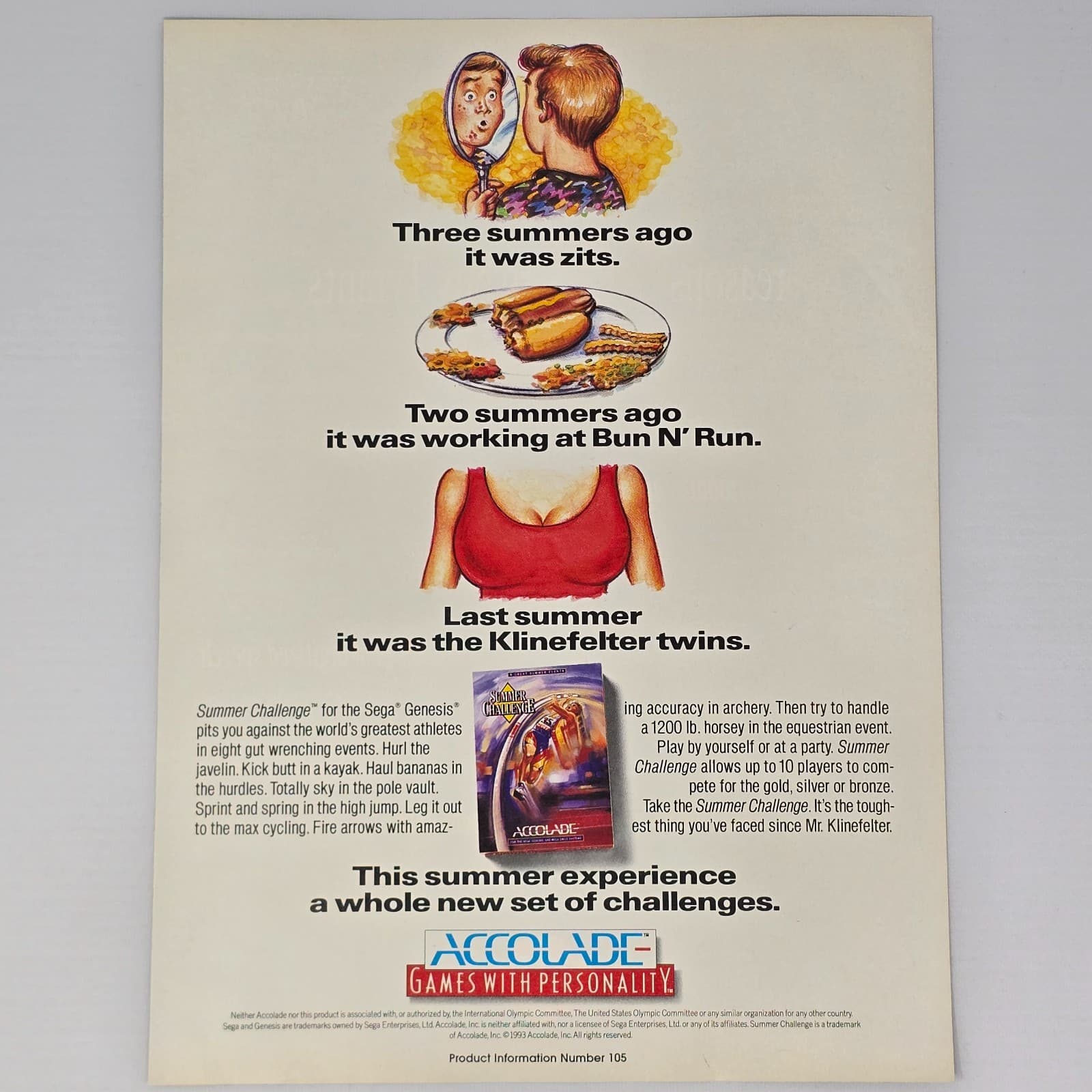 Summer Challenge Sega Genesis Last Summer Print Ad/Poster