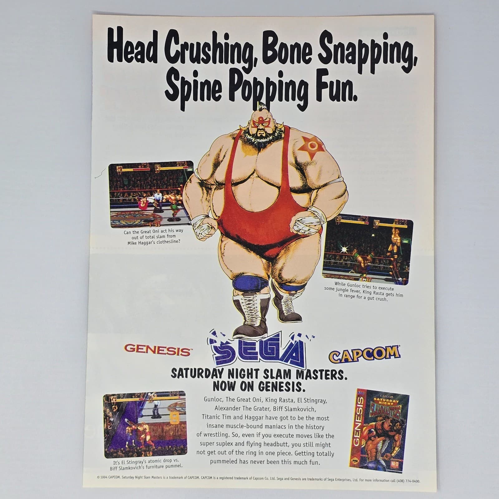 Saturday Night Slammasters Sega Genesis Bone Snapping Print Ad/Poster