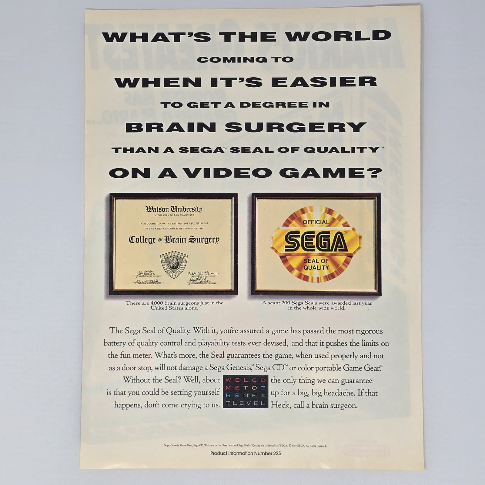Sega Seal Sega Genesis Sega CD Brain Surgery Print Ad/Poster