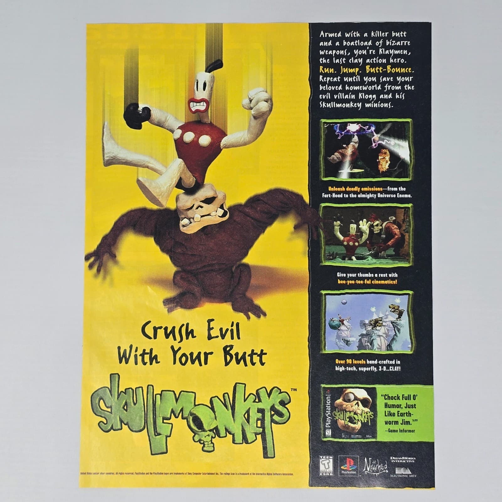 Skull Monkeys PlayStation 1 PS1 Crush Evil With Your Butt Print Ad/Poster