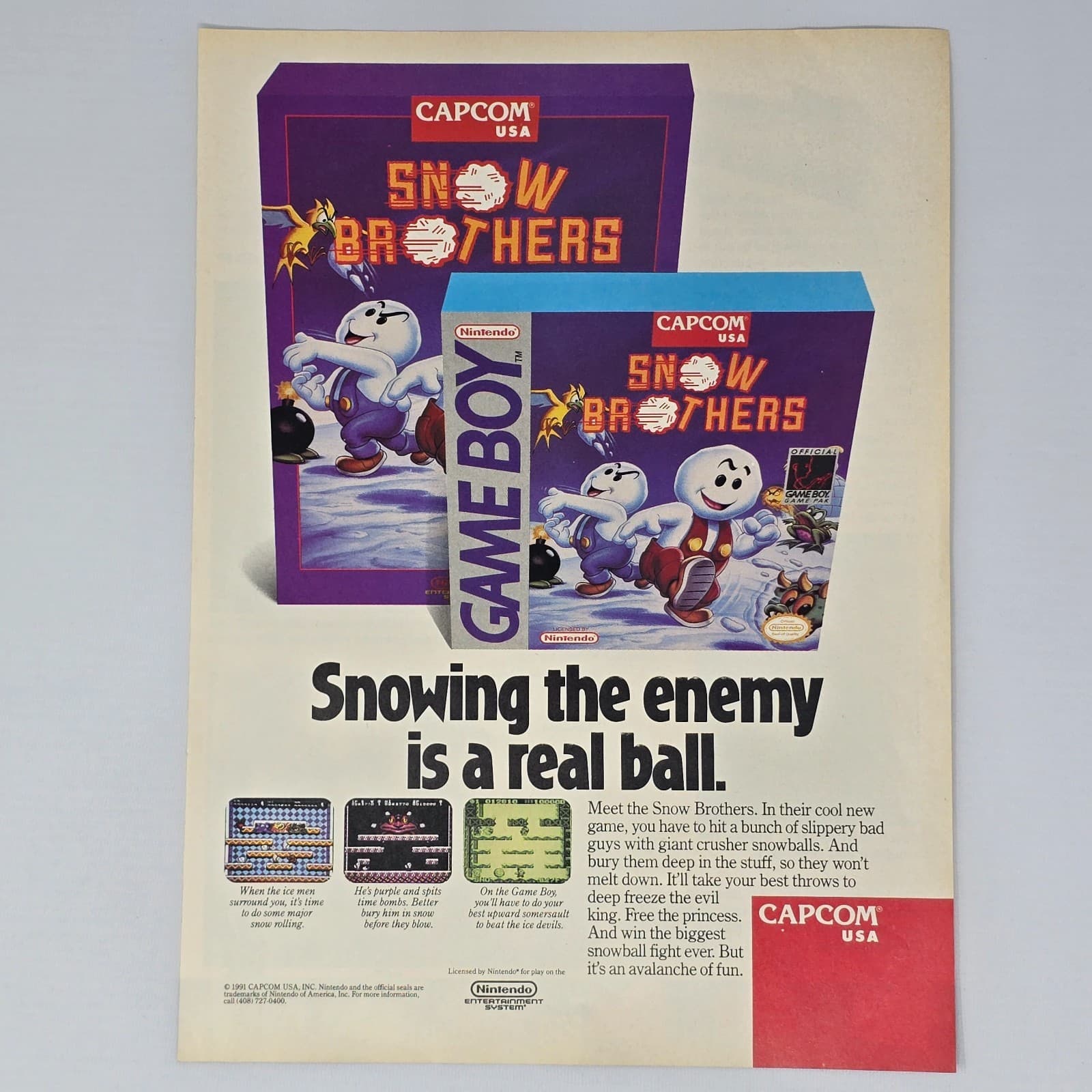 Snow Brothers Nintendo Game Boy Snowing The Enemy Print Ad/Poster
