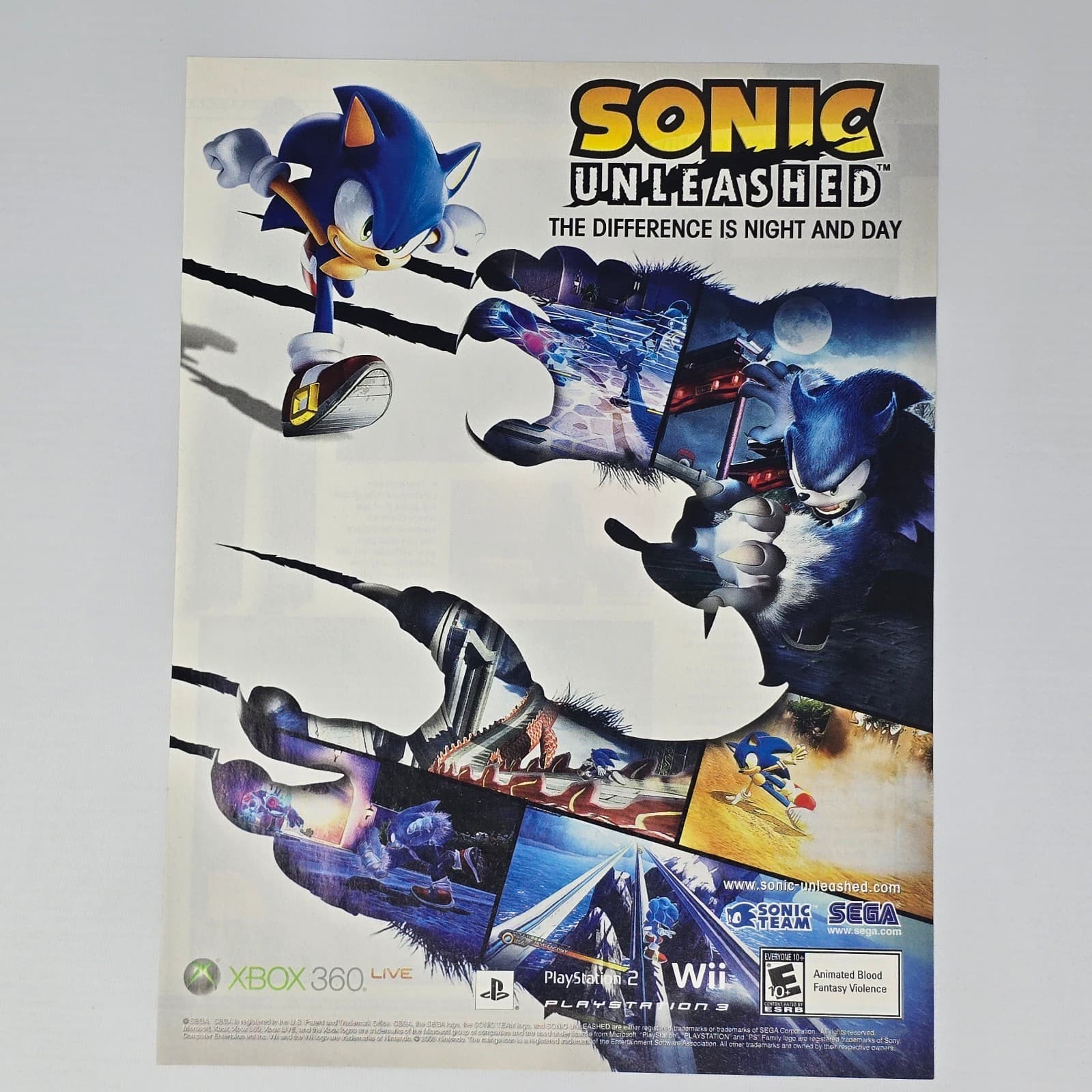 Sonic Unleashed Xbox 360 PlayStation 2 PS2 PS3 WII Night Print Ad/Poster