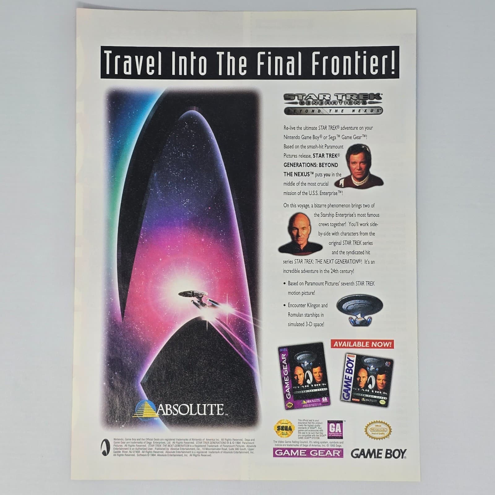 Star Trek Sega Game Gear Nintendo Game Boy Final Frontier! Print Ad/Poster