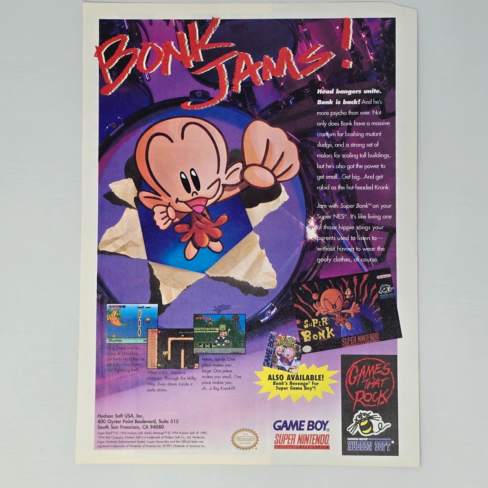 Super Bonk Super Nintendo SNES Game Boy Bonk Jams! Print Ad/Poster