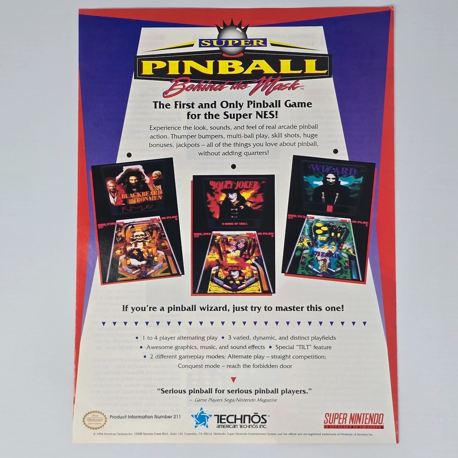Super Pinball Behind The Mask Super Nintendo SNES First And Only Print Ad/Poster