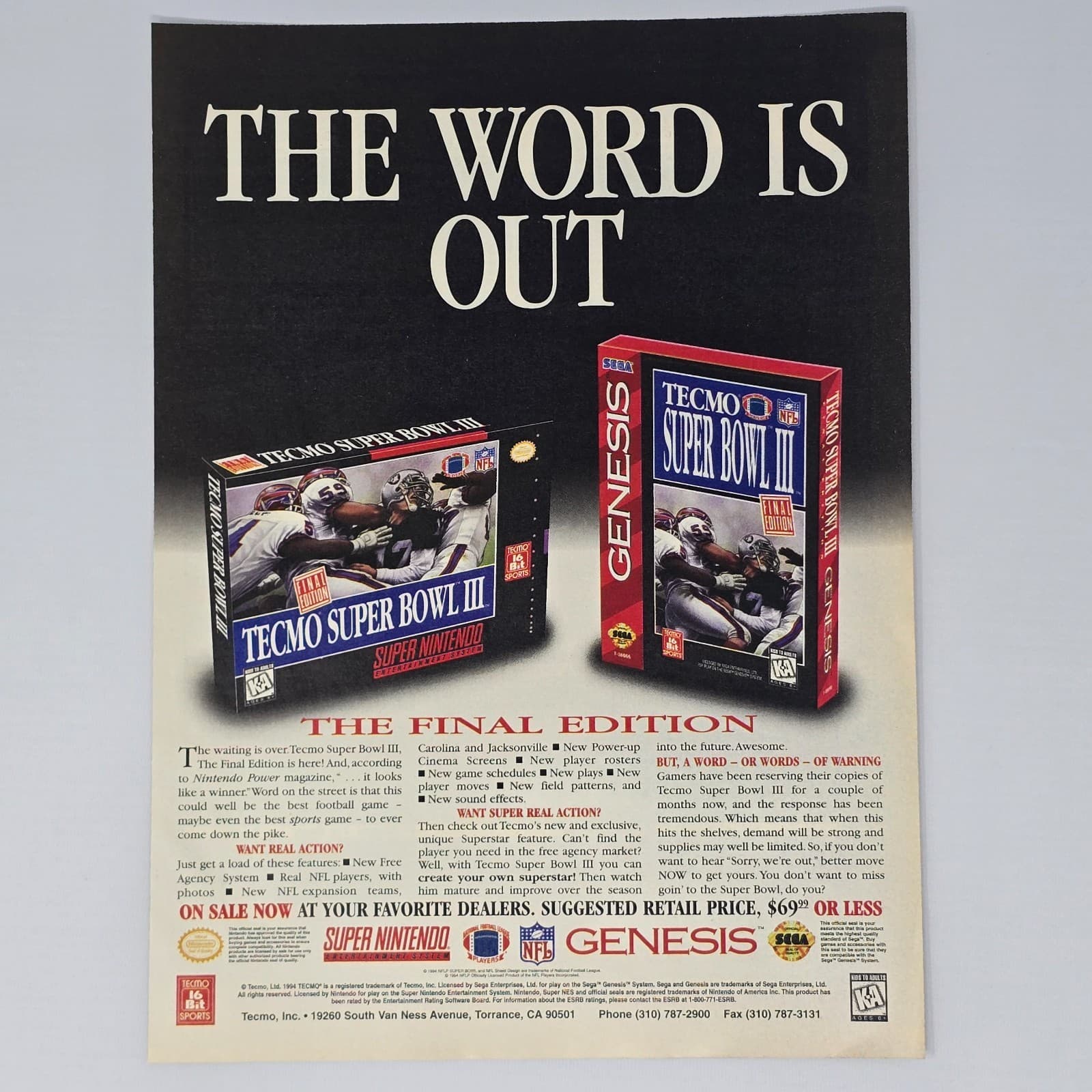 Tecmo Super Bowl 3 Super Nintendo SNES Genesis Word Is Out Print Ad/Poster