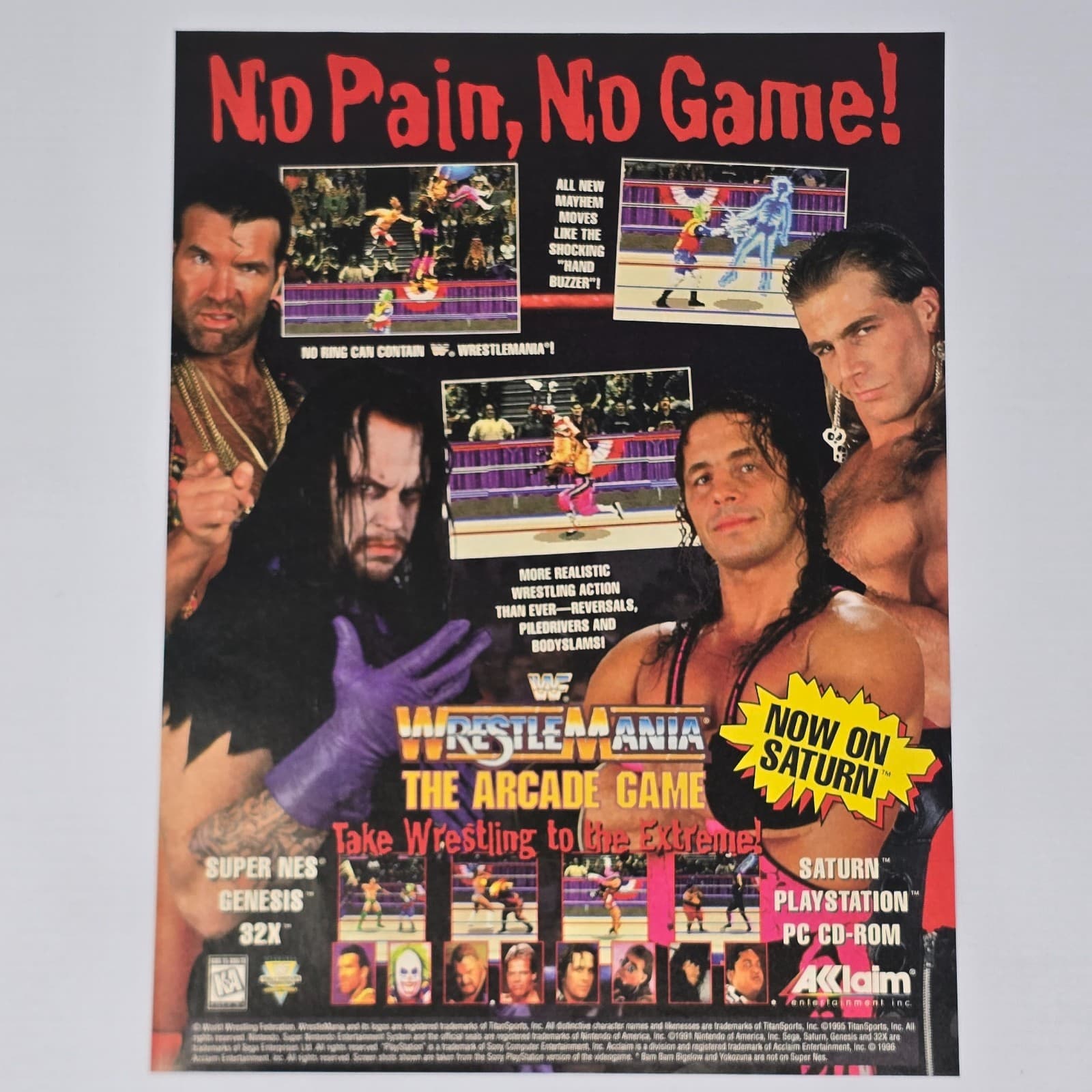 WWF Wrestlemania Arcade Game SNES Genesis PS1 No Pain Print Ad/Poster