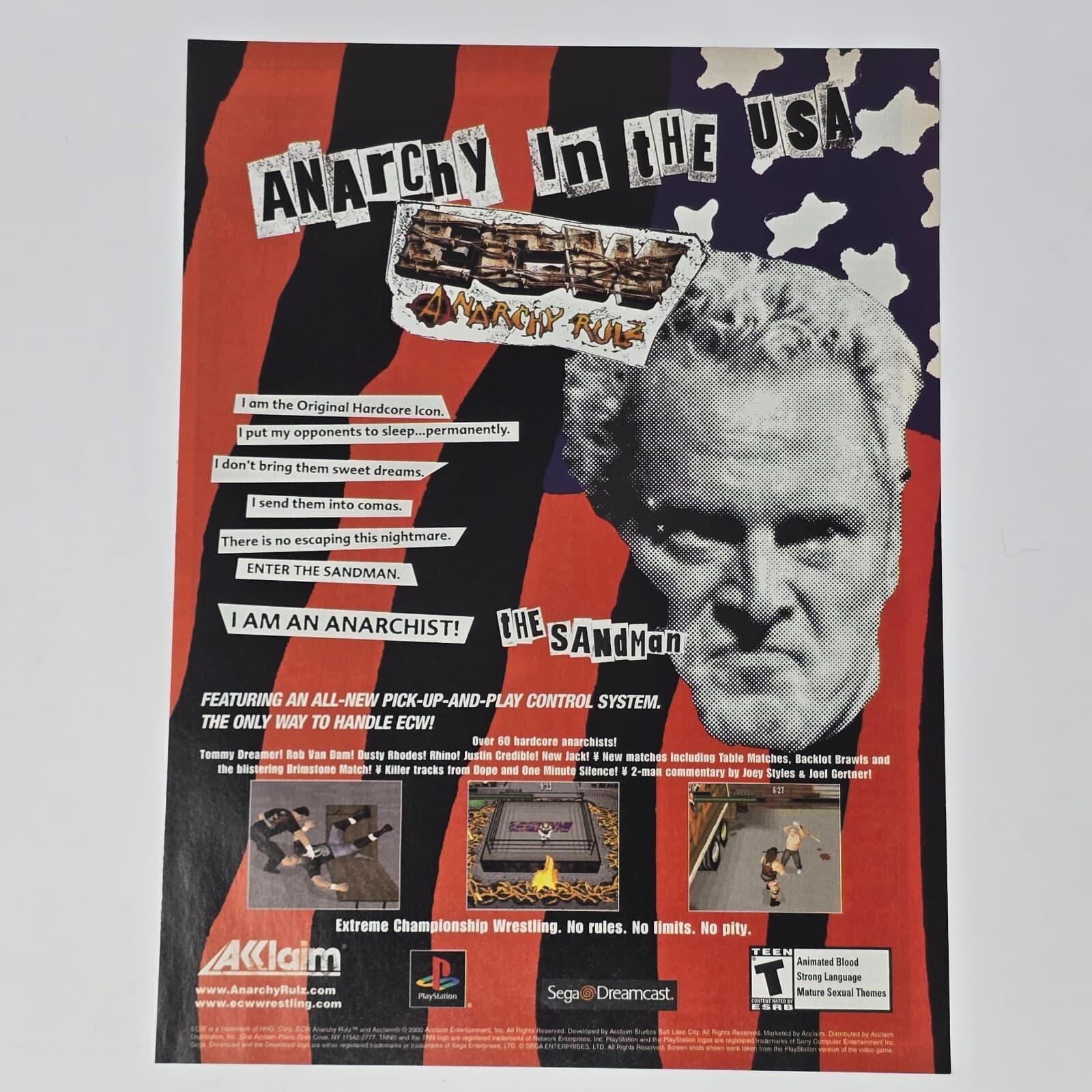 ECW Anarchy Rules Sega Dreamcast Sony PS1 The Sandman Print Ad/Poster Promo Art