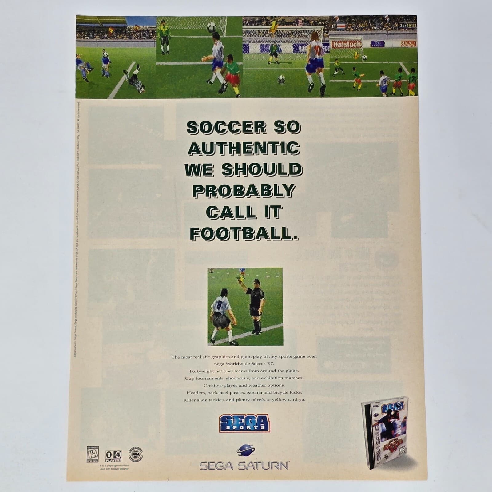 Sega Worldwide Soccer 97 Saturn Football Print Ad/Poster Promo Art