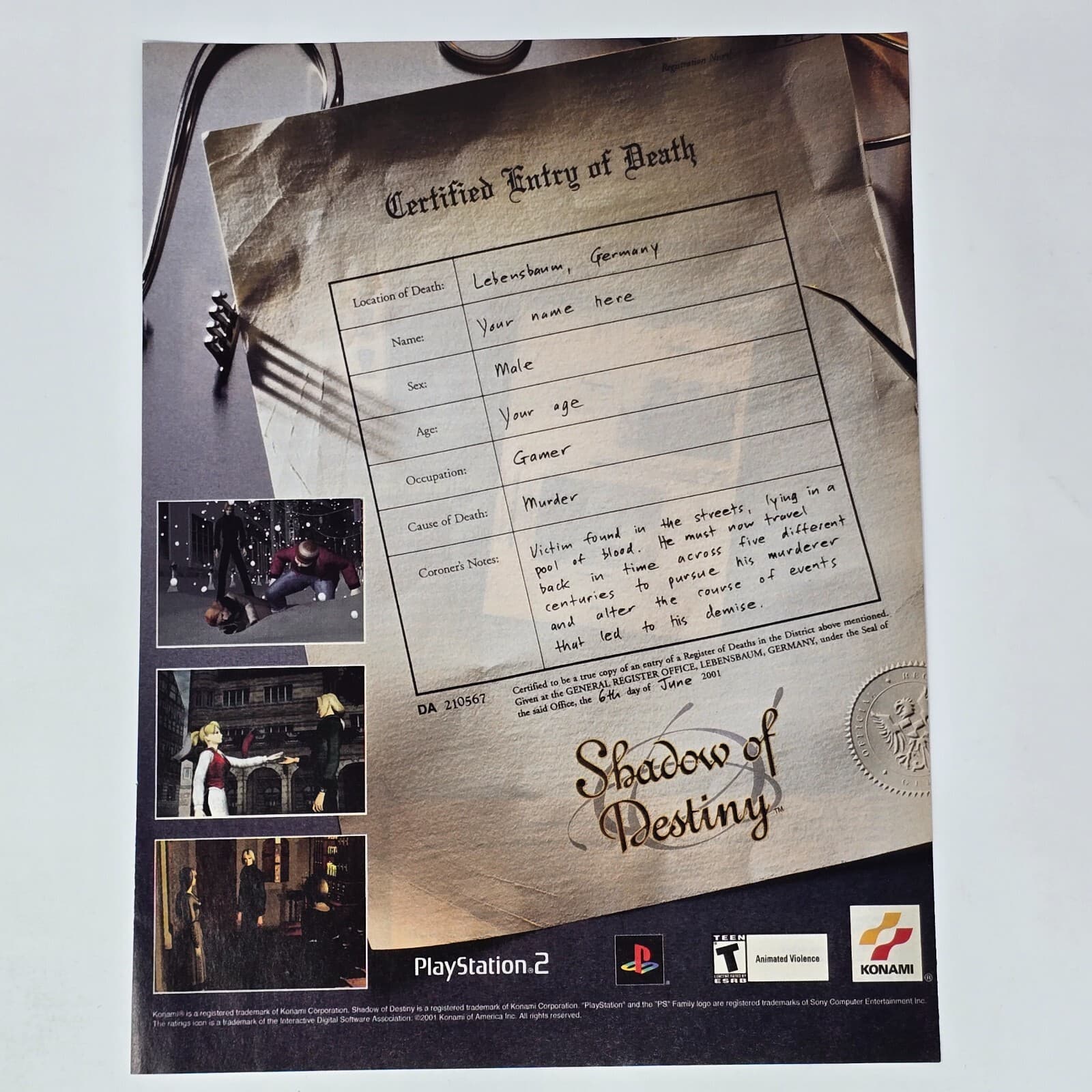 Shadow of Destiny Sony PlayStation 2 PS2 Death Print Ad/Poster Promo Art