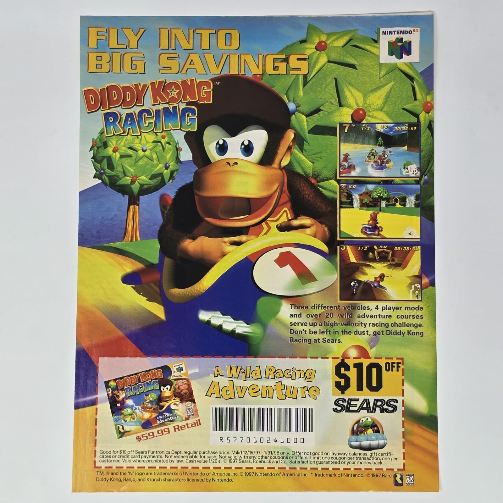 Diddy Kong Racing Nintendo N64 Sears Fly Into Print Ad/Poster Official Promo Art