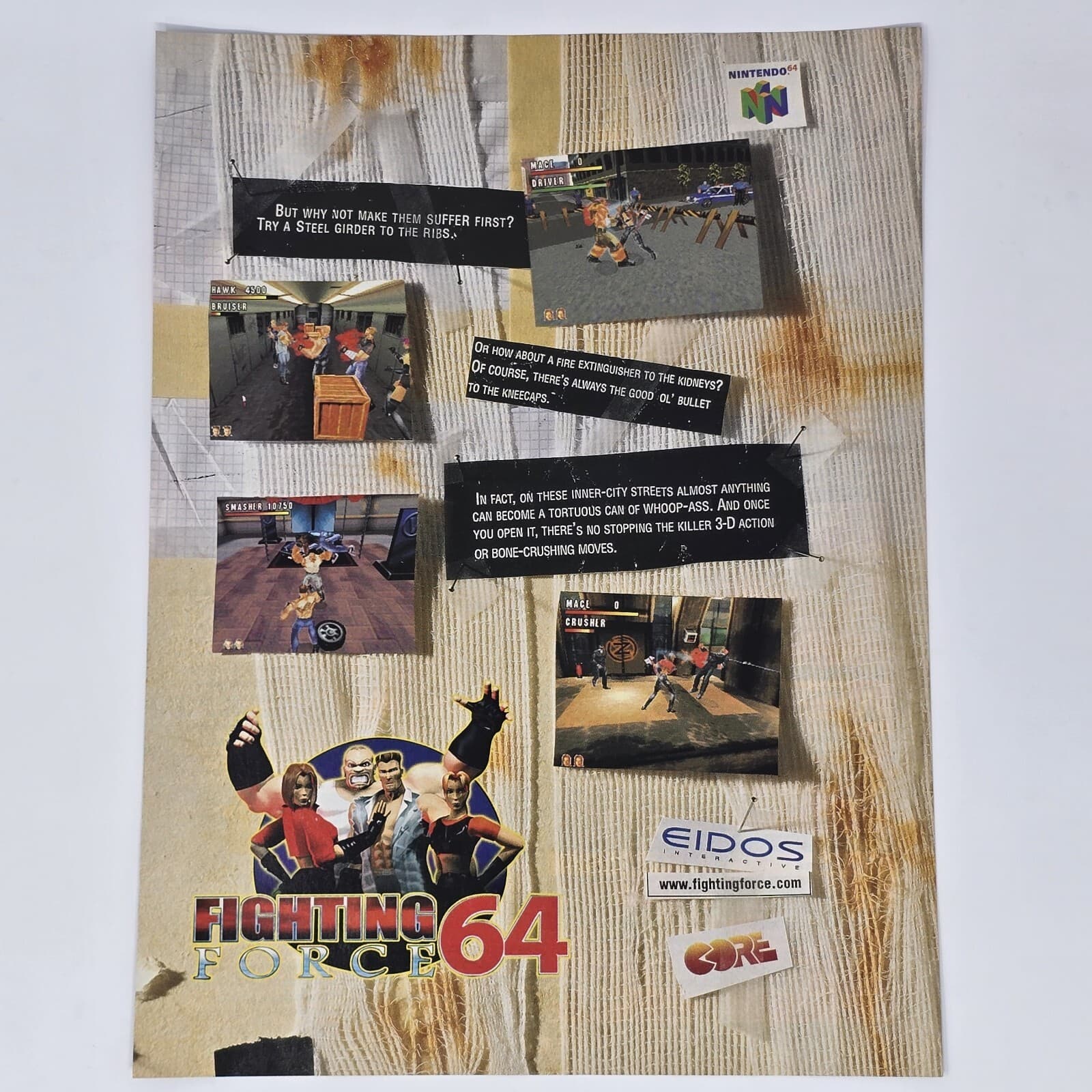 Fighting Force 64 Nintendo N64 Suffer First Print Ad/Poster Official Promo Art