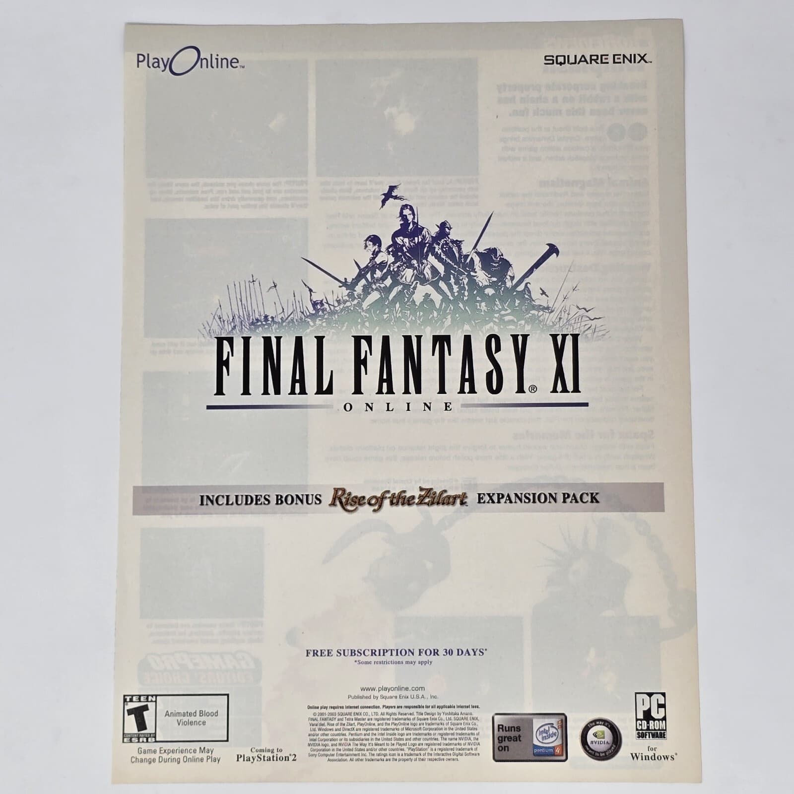 Final Fantasy XI 11 Online PC PS2 White Print Ad/Poster Official Promo Art