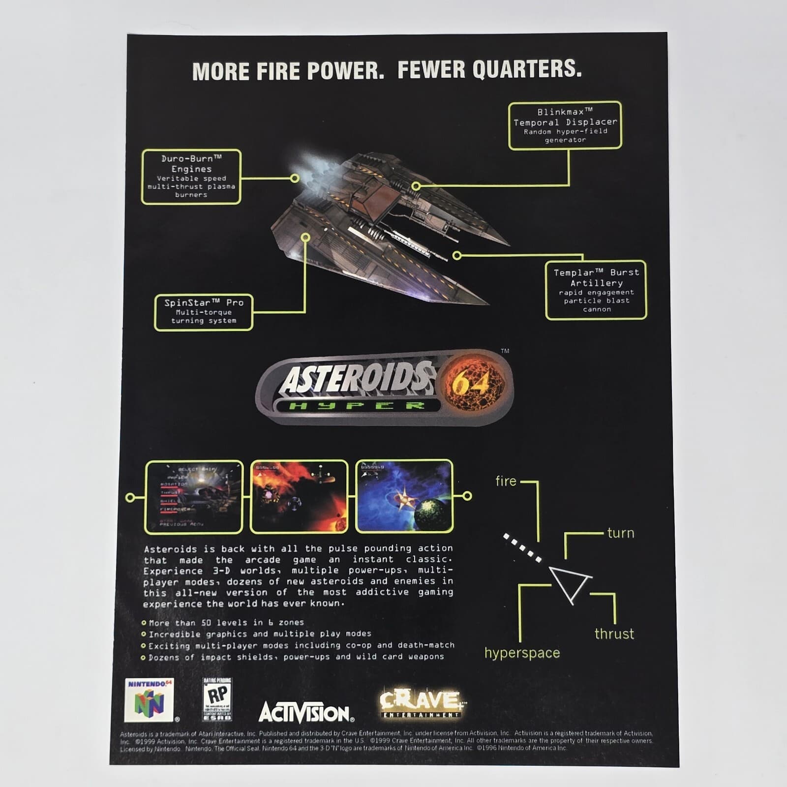 Asteroids Hyper 64 Nintendo N64 Fire Power Print Ad/Poster Official Promo Art