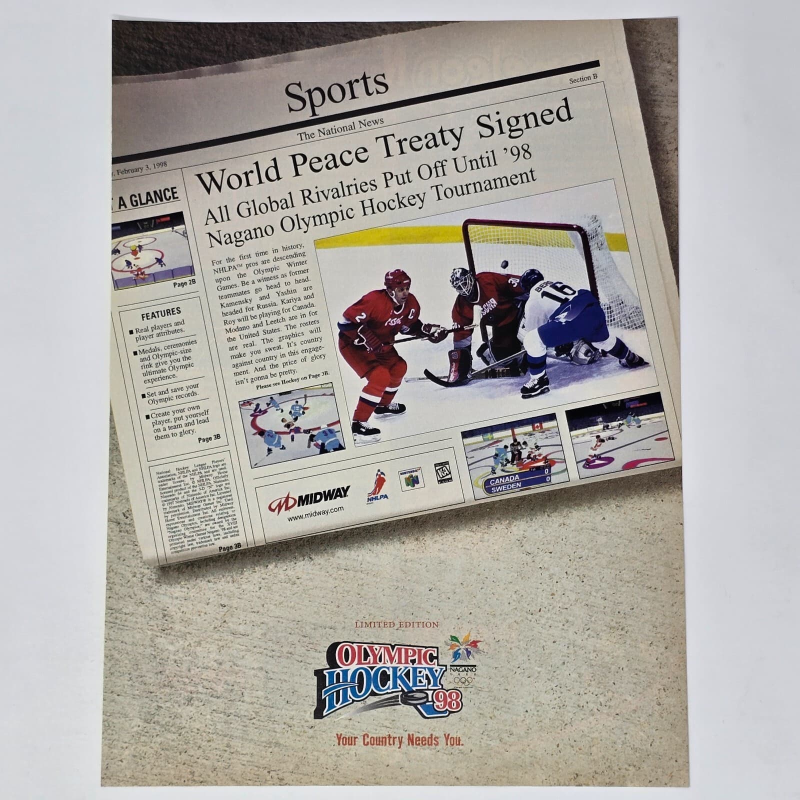 Olympic Hockey 98 Nintendo 64 N64 Peace Treaty Print Ad/Poster Promo Art