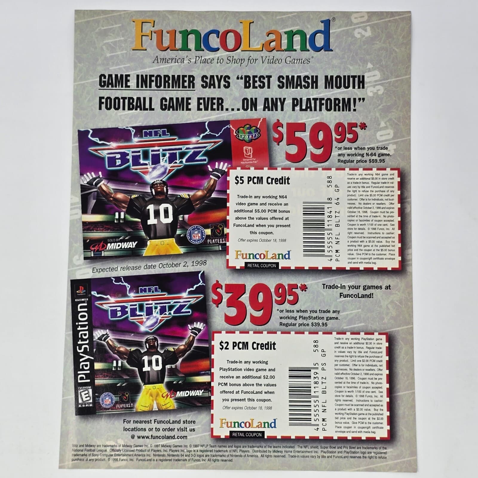 NFL Blitz Nintendo 64 N64 PlayStation 1 PS1 FuncoLand Print Ad/Poster Promo Art