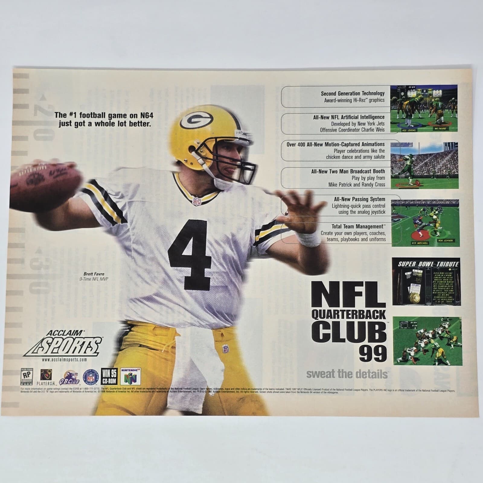 NFL Quarterback Club 99 N64 PC Brett Favre #1 Print Ad/Poster Promo Art