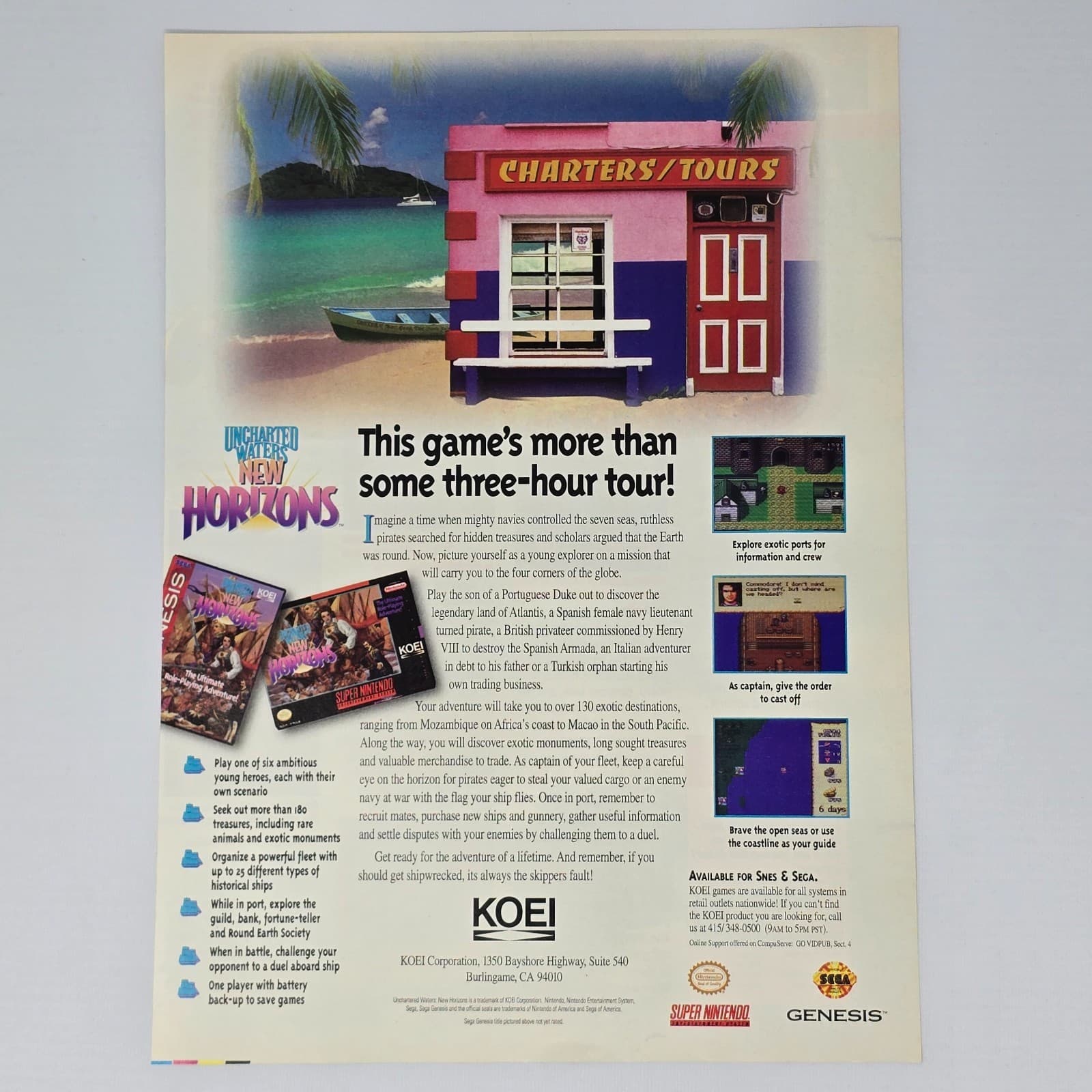 Uncharted Waters New Horizons Super Nintendo Sega Genesis Tour Print Ad/Poster