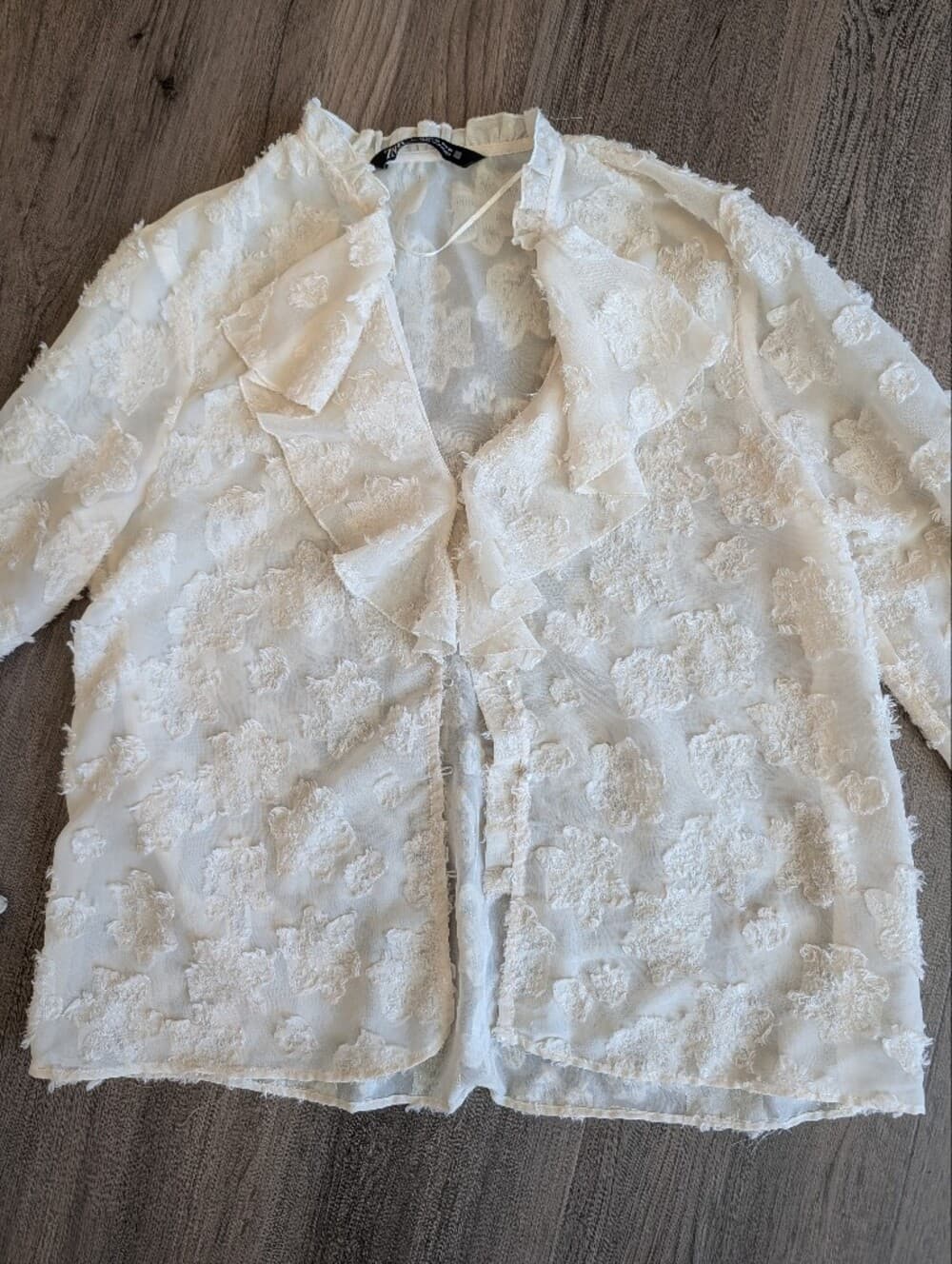 Zara Semi Sheer Off White Floral Appliqué Blouse Button Up