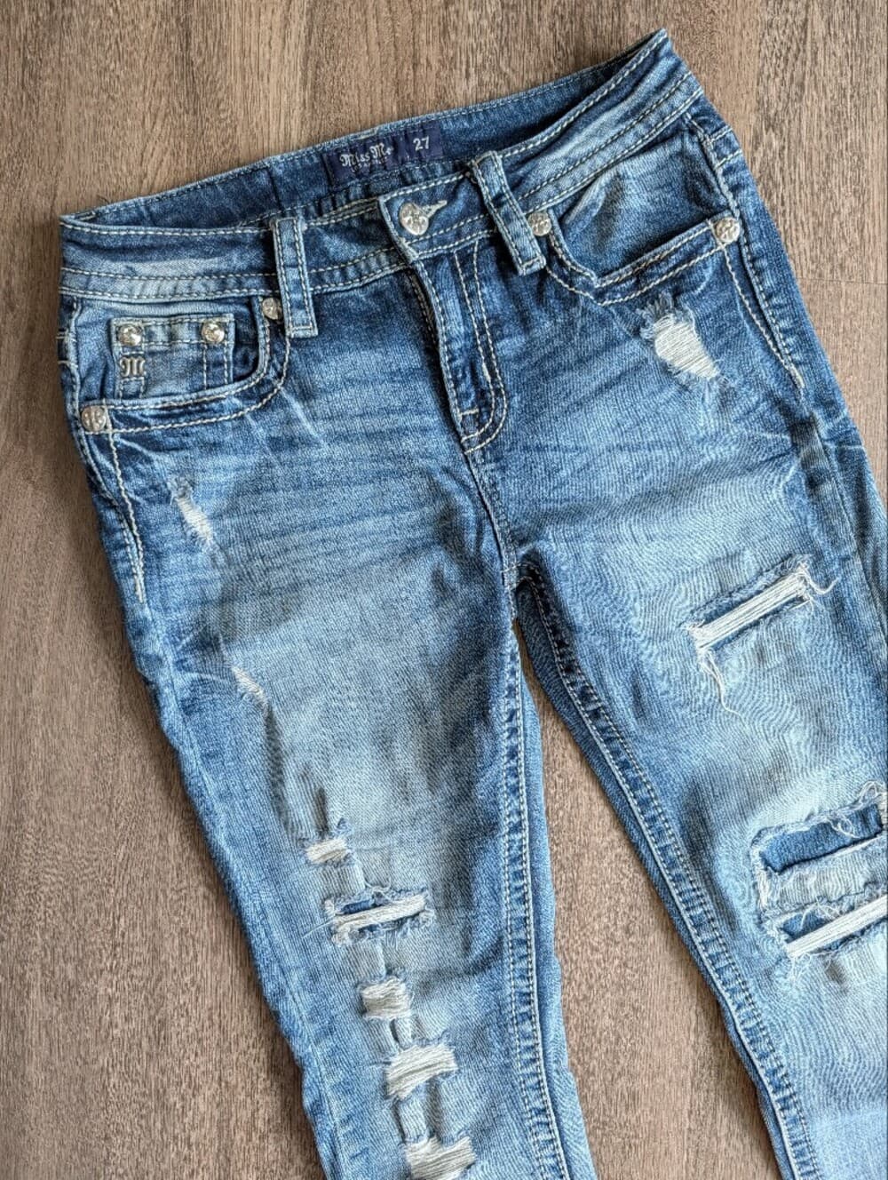 Miss Me Blue Mid-Rise Distressed Ankle Skinny Jeans With Stars And Flag