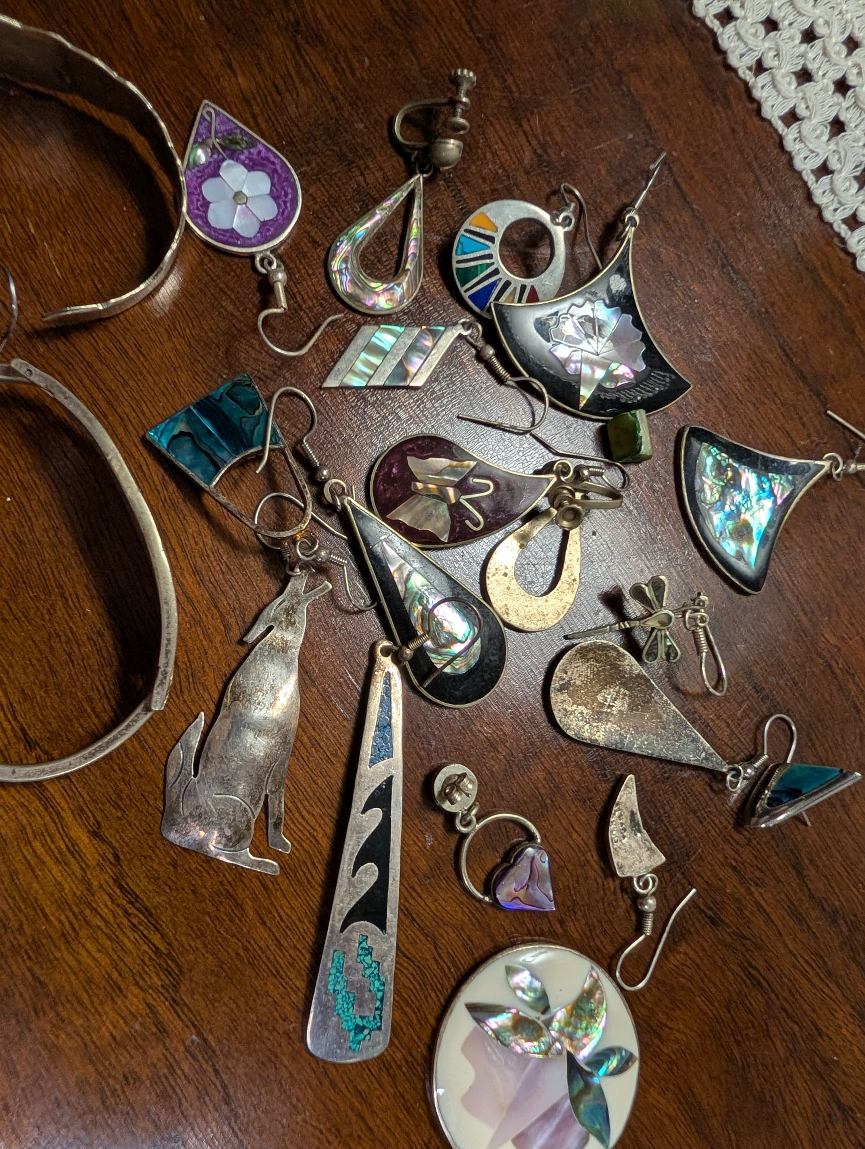 Vintage Mixed Lot of Alpaca Mexico Silver and Inlay Earrings