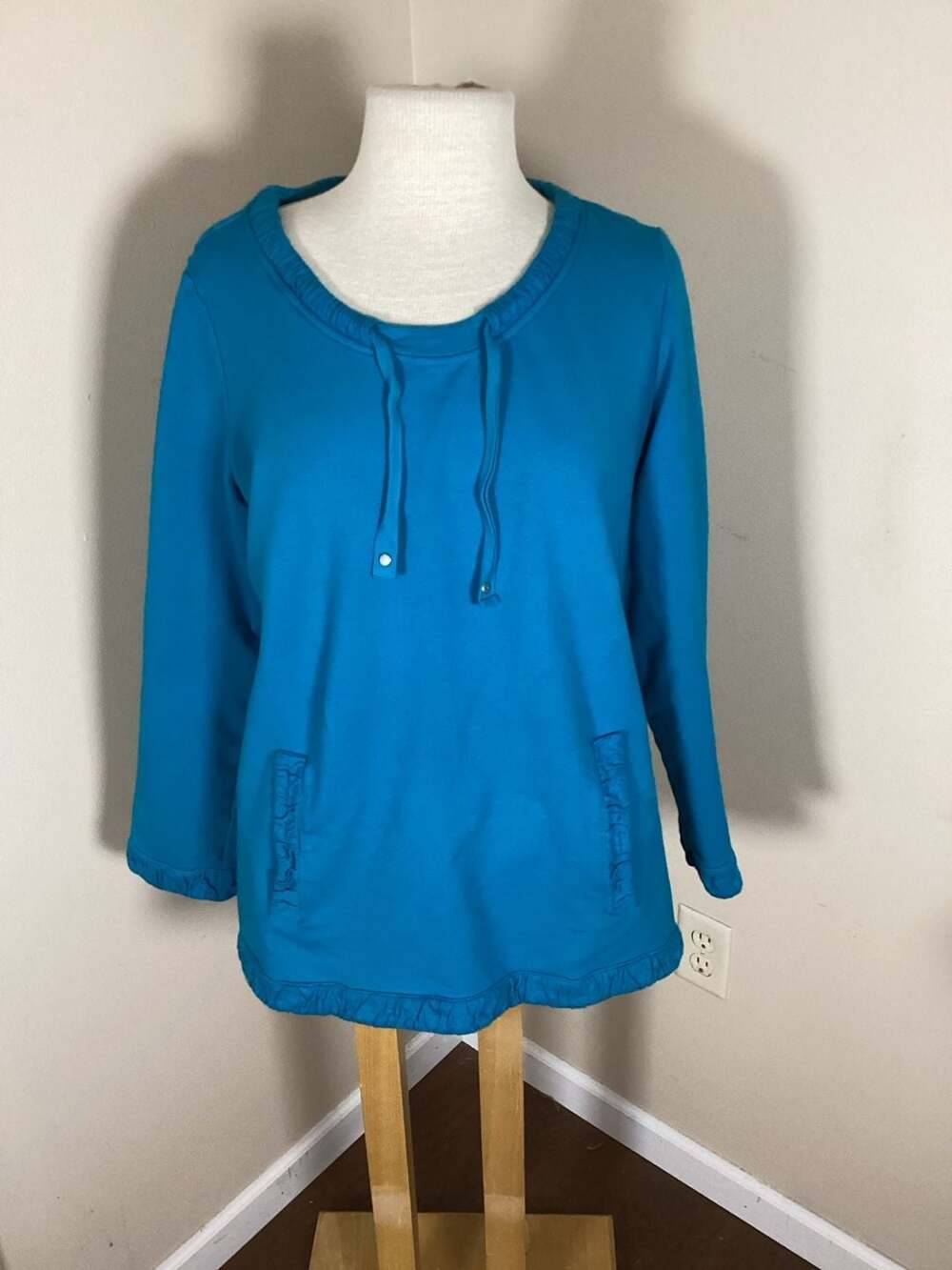 Soft Surroundings Teal Blue Ruched Hem & Pocket Pullover Sweatshirt