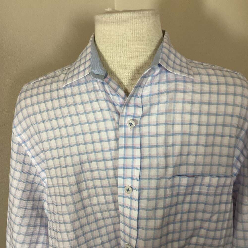 Johnston & Murphy Blue Plaid Linen Blend Button Down Shirt Size L
