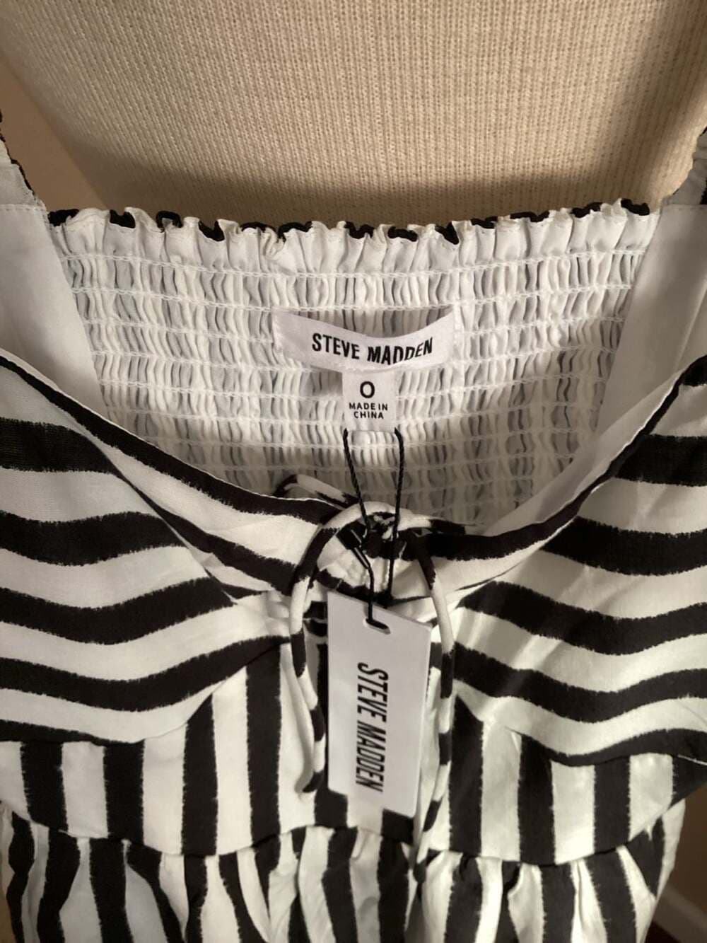 Steve Madden Black and White Striped Midi Dress with Front Tie