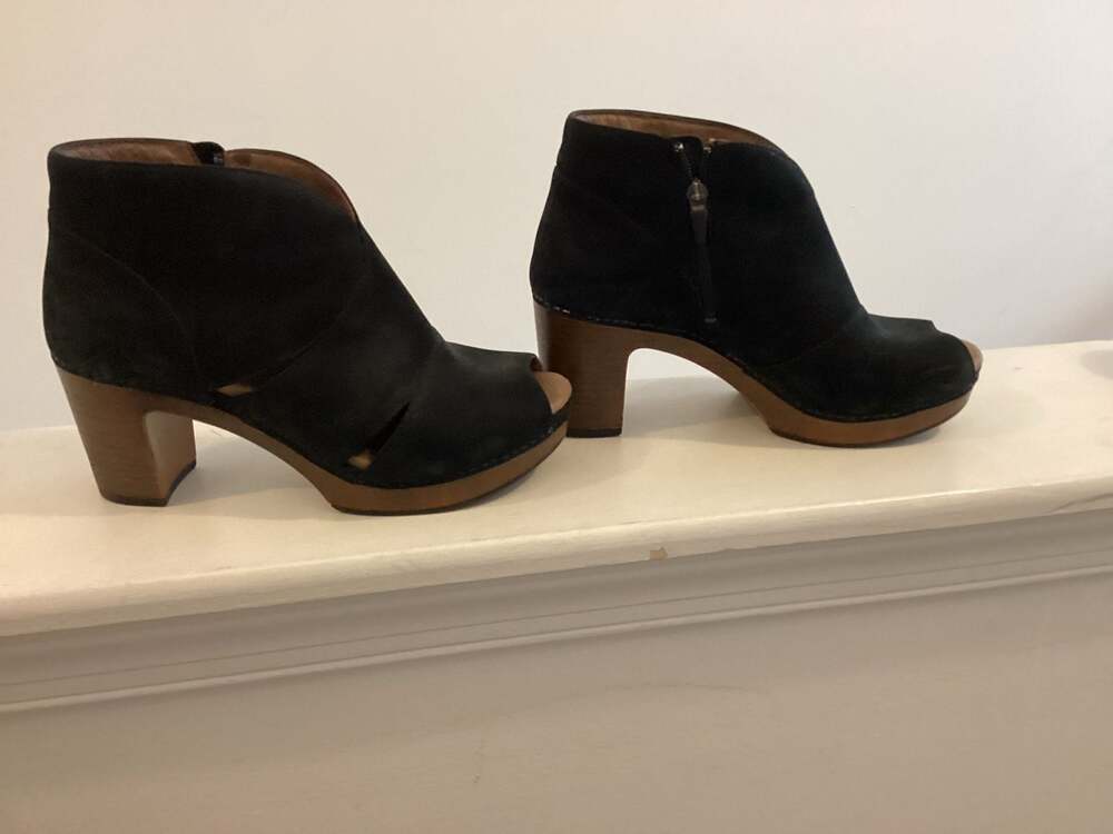 Dansko Delphina Black Nubuck Leather Peep Toe Heeled Bootie