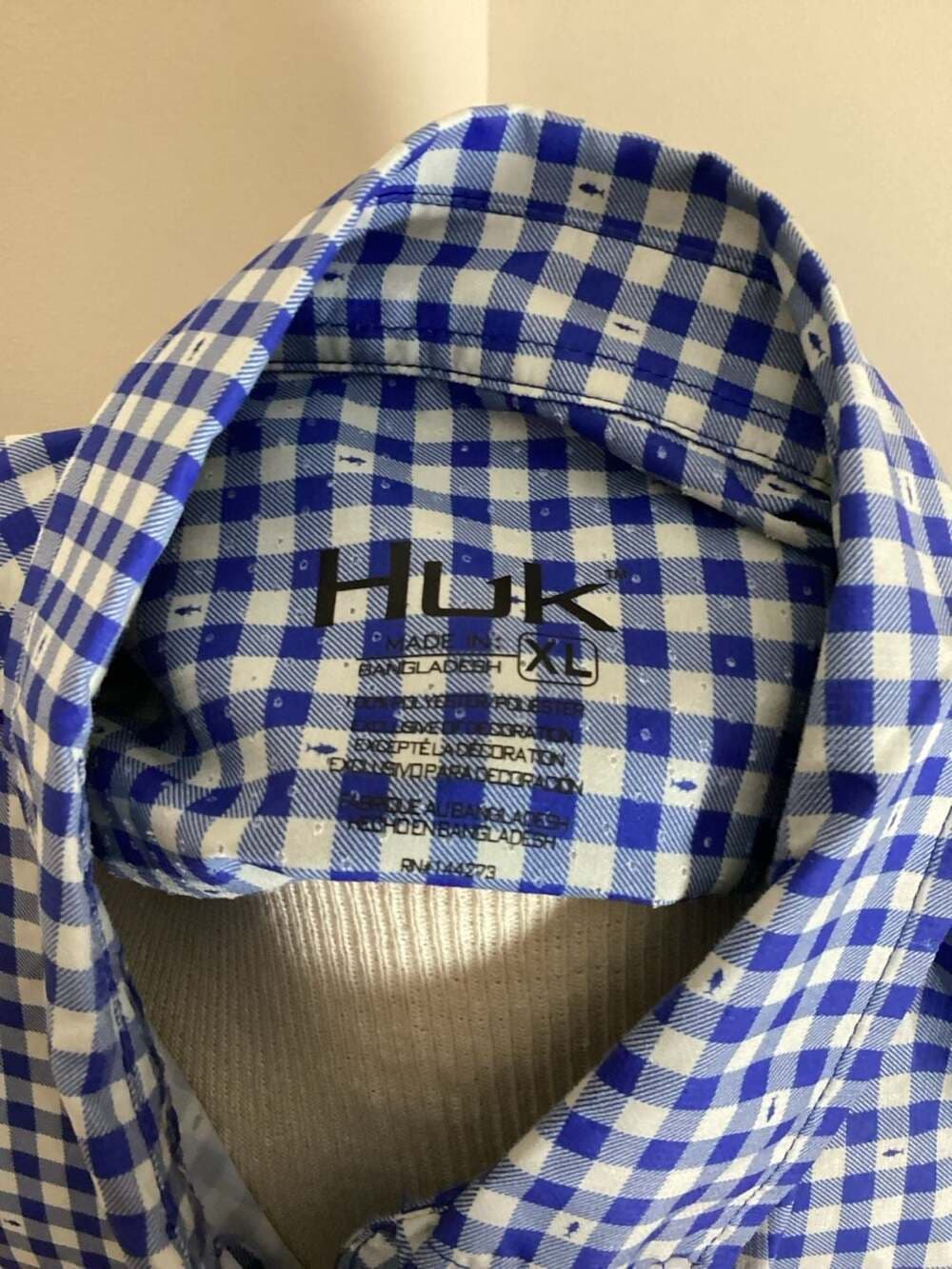 Huk Tide Point Long Sleeve Gingham Fishing Shirt Blue White Size XL