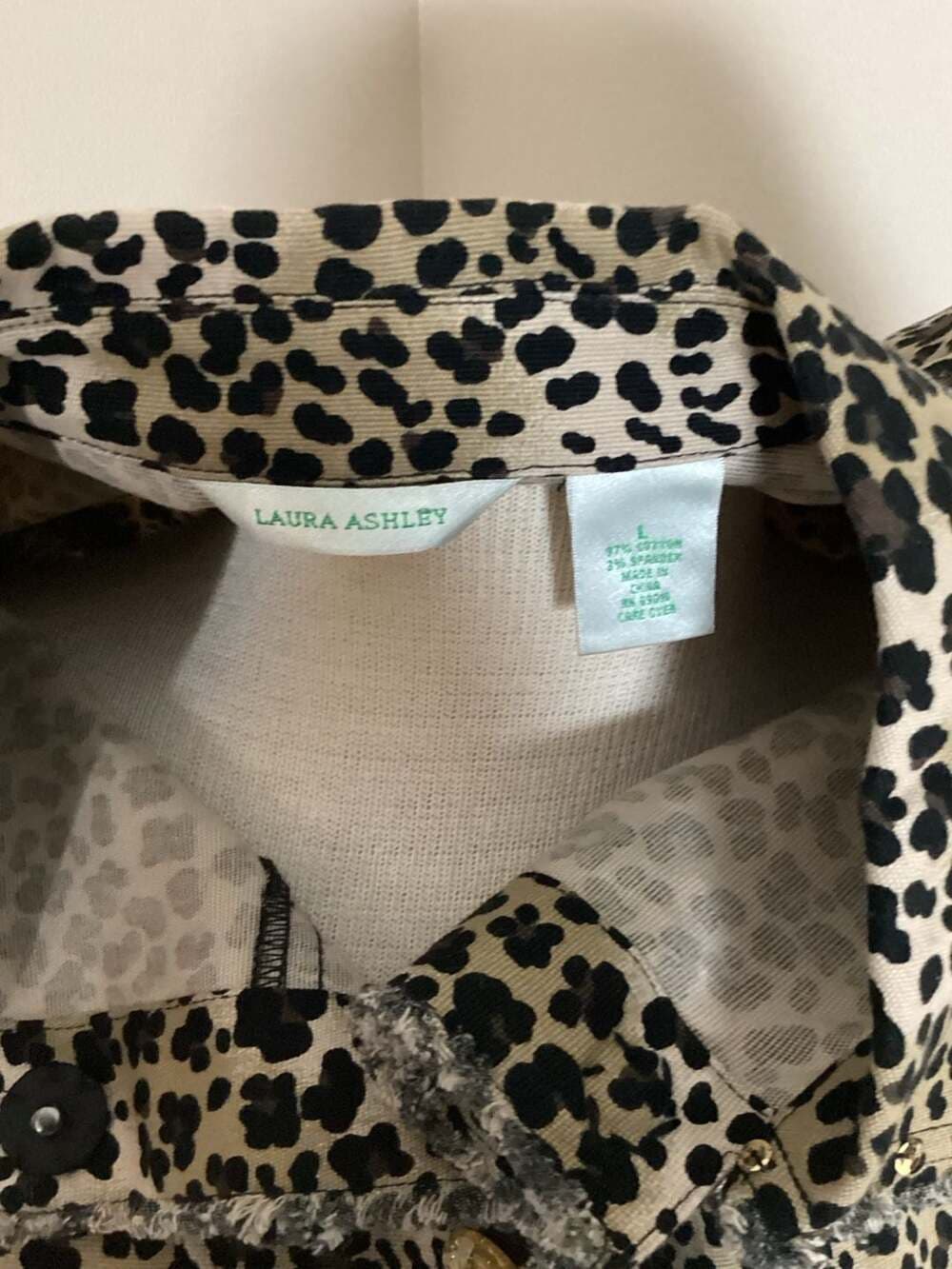 Laura Ashley Leopard Print Button Front Jacket with Jewel Accents and Frayed Hem